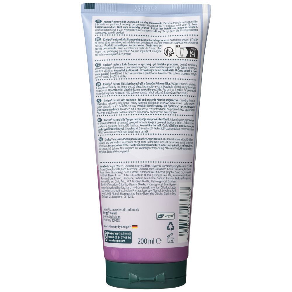 Rückseite der Tube mit Shampoo & Duschgel. Text in mehreren Sprachen, Inhaltsstoffe, Vegan-Siegel, 200 ml.