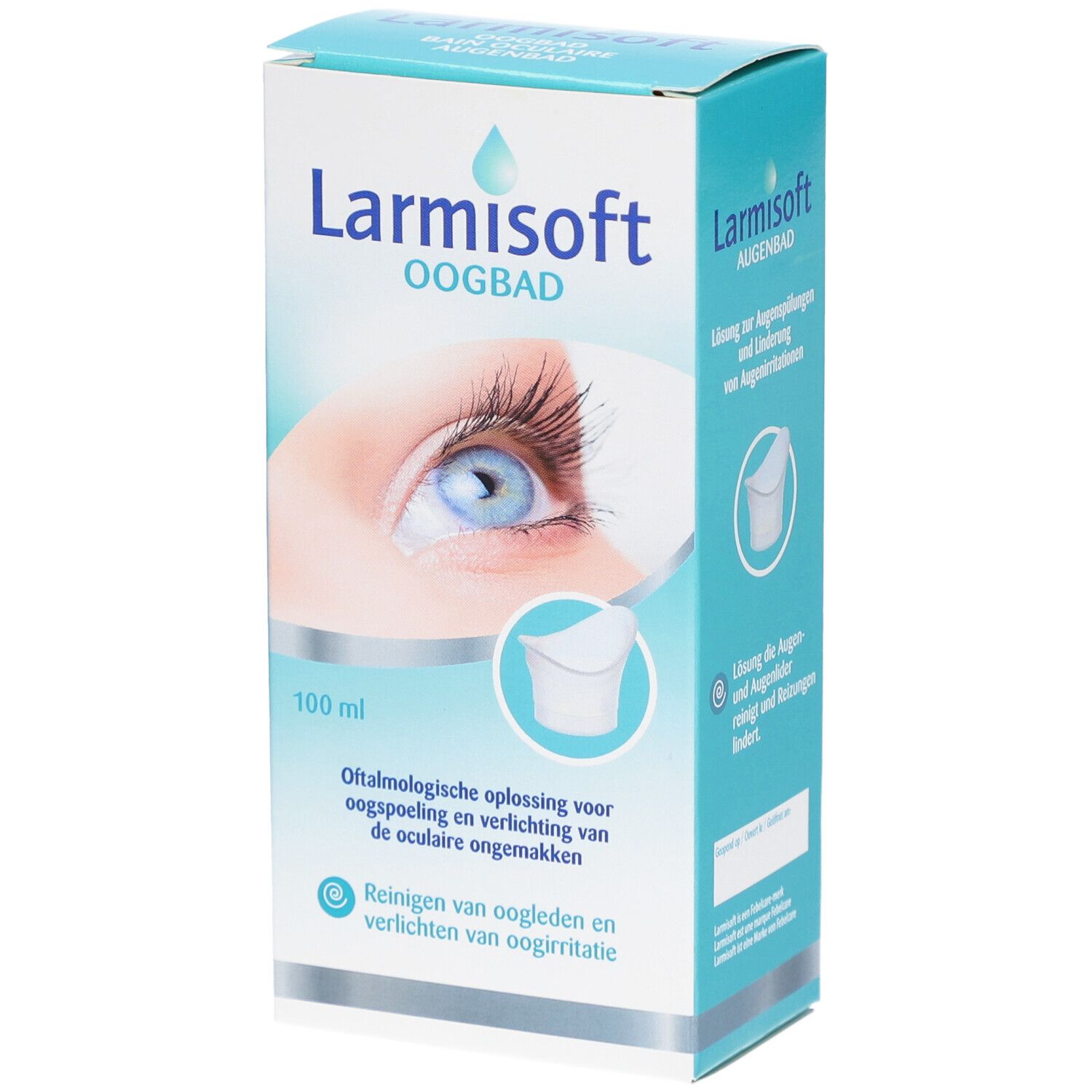 Verpackung von Larmisoft Oogbad. Aufdruck: 100 ml, Abbildung eines Auges und Augenbad.