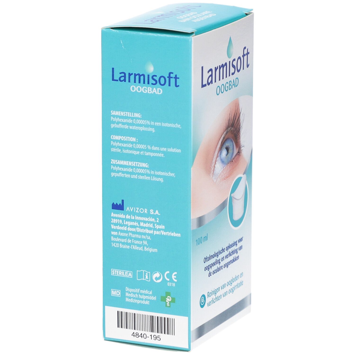 Seitenansicht der Larmisoft Oogbad Verpackung. Text: Zusammensetzung, 100 ml, Herstellerinformationen.