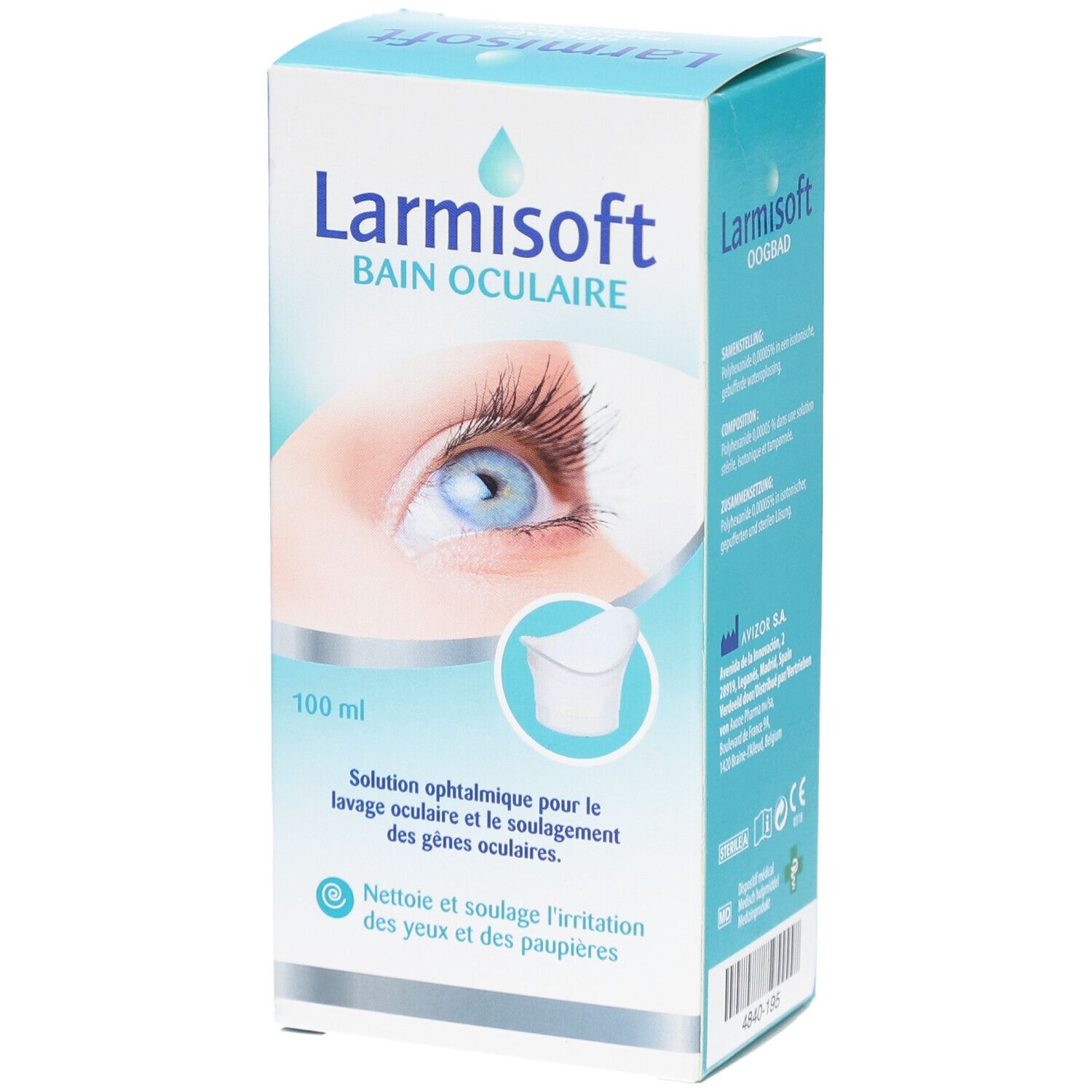 Verpackung von Larmisoft Bain Oculaire. Aufdruck: 100 ml, Abbildung eines Auges und Augenbad.