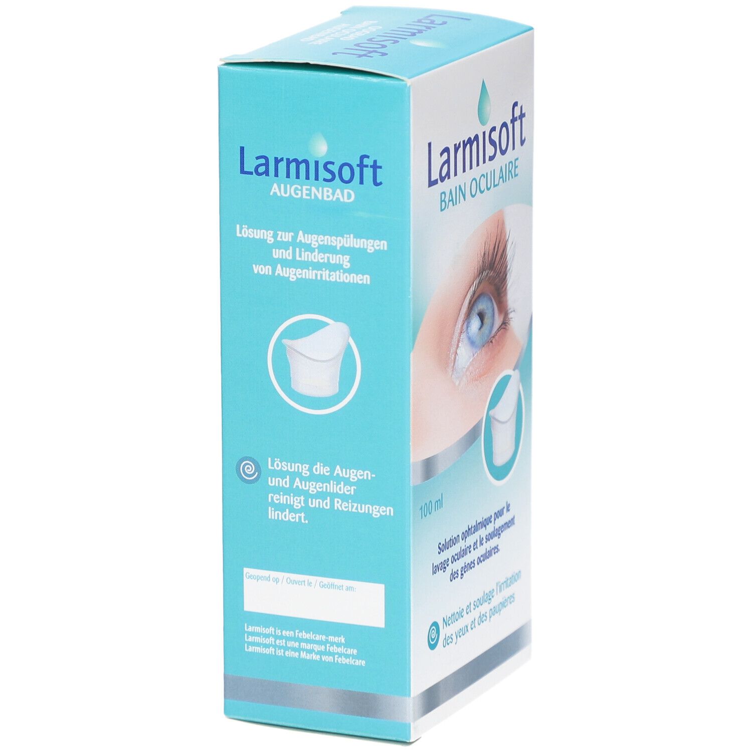 Verpackung von Larmisoft Augenbad. Aufdruck: 100 ml, Abbildung eines Auges und Augenbad.