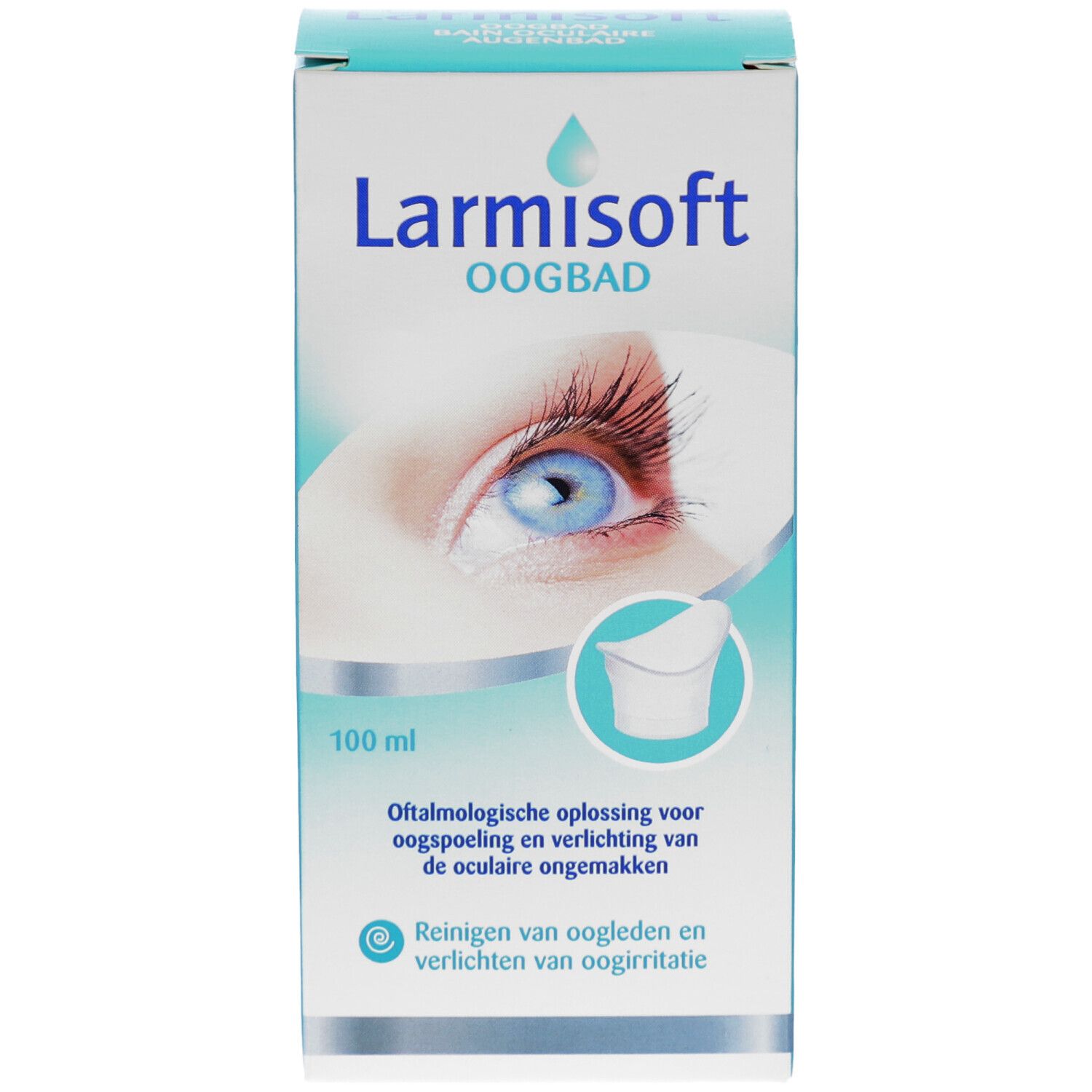 Verpackung von Larmisoft Oogbad. Aufdruck: 100 ml, Abbildung eines Auges und Augenbad.