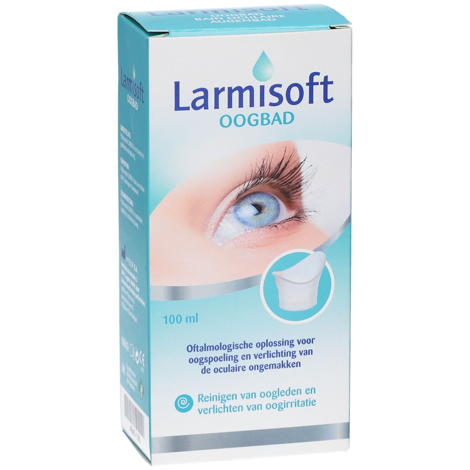 Verpackung von Larmisoft Oogbad. Aufdruck: 100 ml, Abbildung eines Auges und Augenbad.
