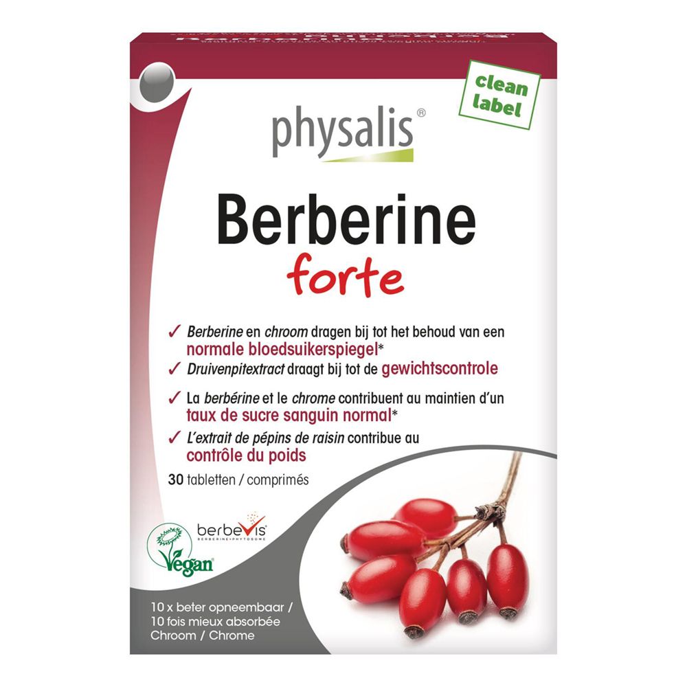 Verpackung von Physalis Berberine Forte. Rote und weiße Schachtel mit Produktnamen und Inhaltsangaben. Abbildung von Hagebutten.