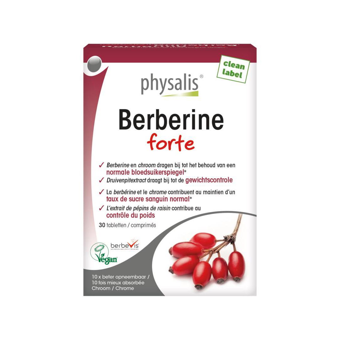 Verpakking van Physalis Berberine Forte. Rode en witte doos met productnaam en informatie. Illustratie van rozenbottels.