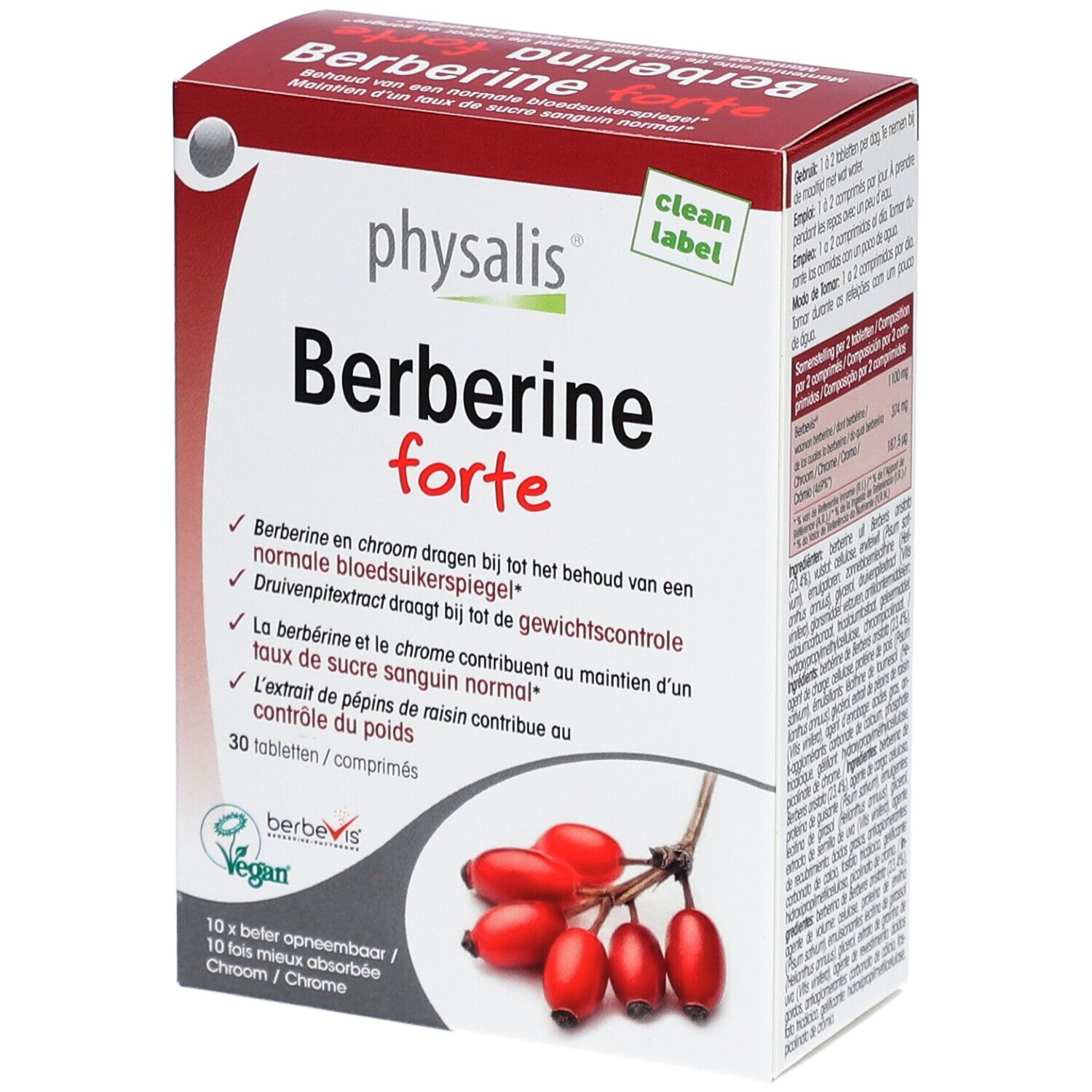 Verpackung von Physalis Berberine Forte. Rote und weiße Schachtel mit Produktnamen und Inhaltsangaben. Abbildung von Hagebutten.