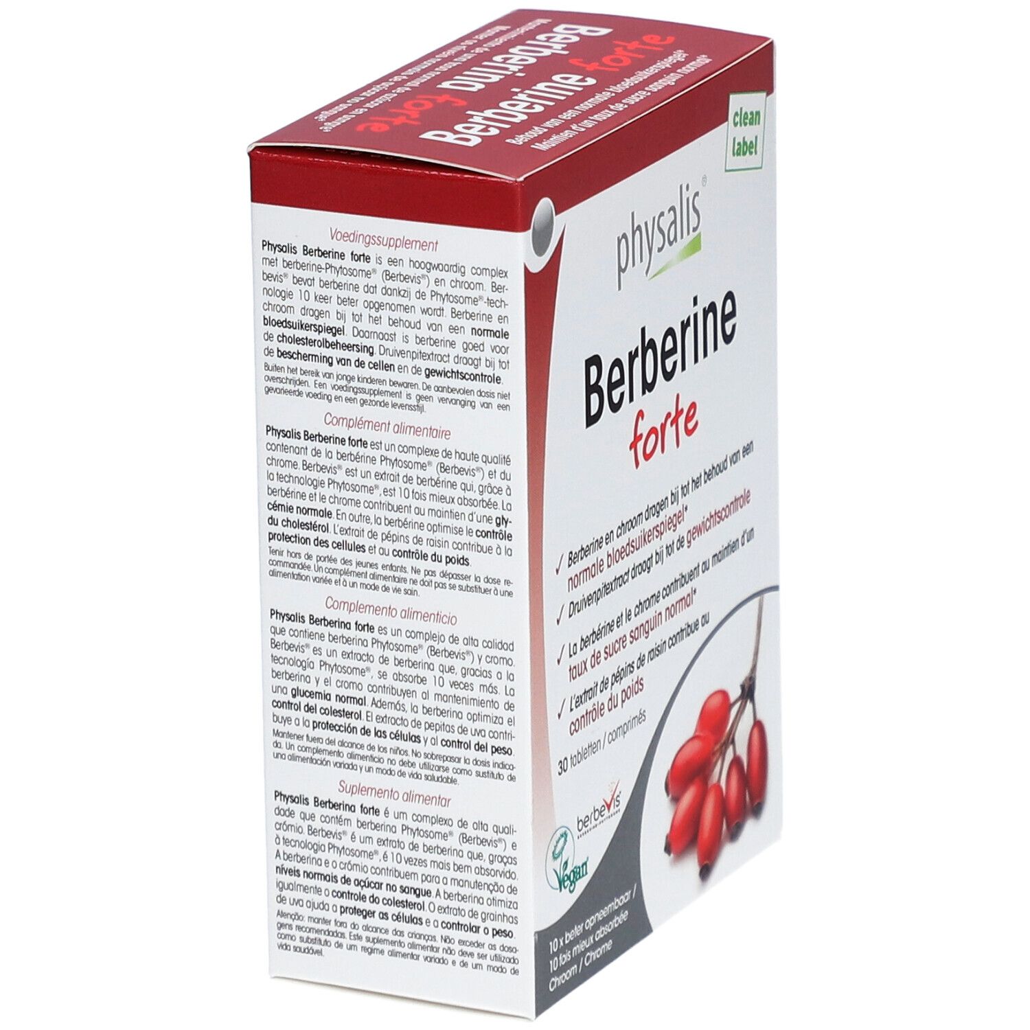 Seitenansicht der Verpackung von Physalis Berberine Forte. Rote und weiße Schachtel mit Produktinformationen und Abbildung von Hagebutten.