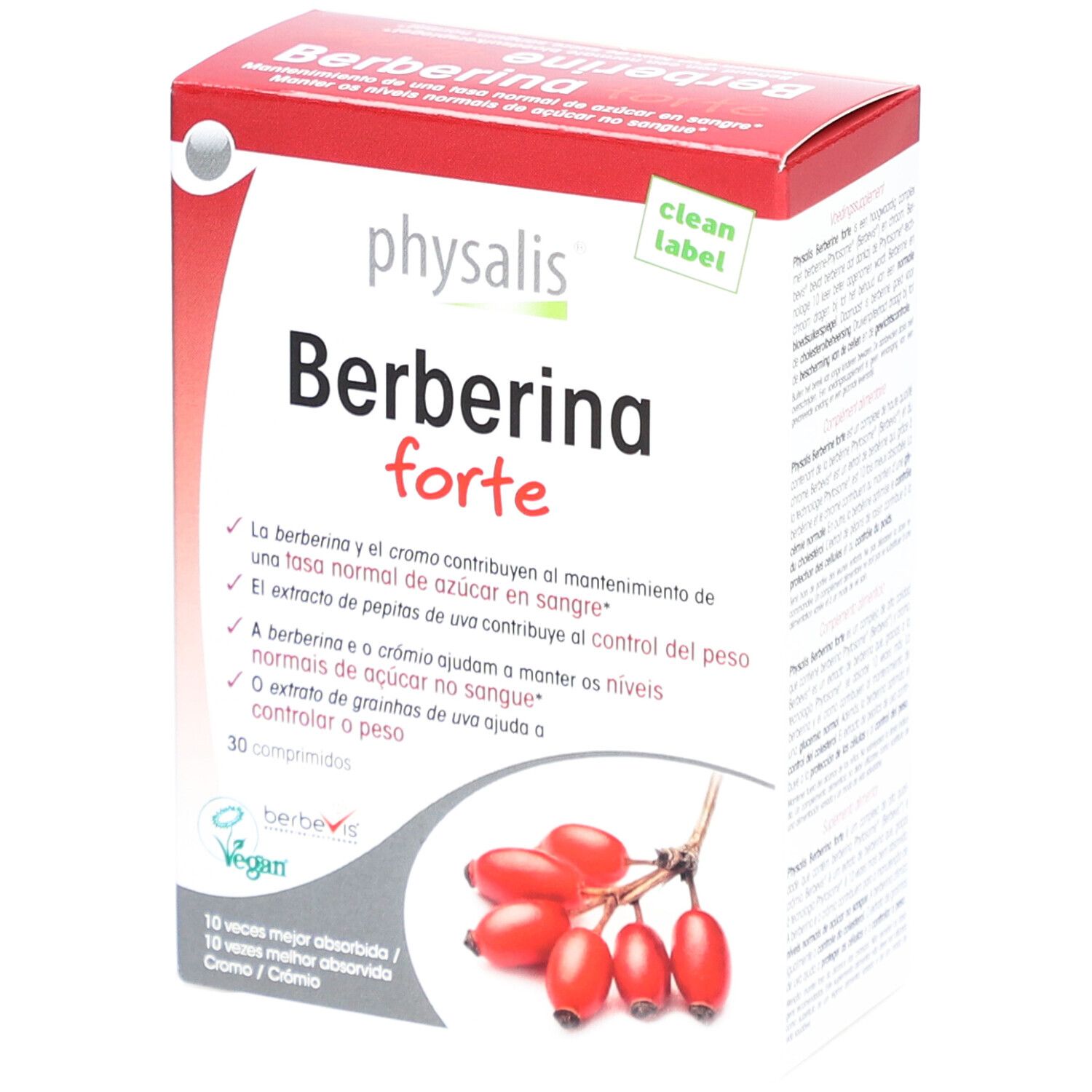 Verpackung von Physalis Berberine Forte. Rote und weiße Schachtel mit Produktnamen und Inhaltsangaben. Abbildung von Hagebutten.