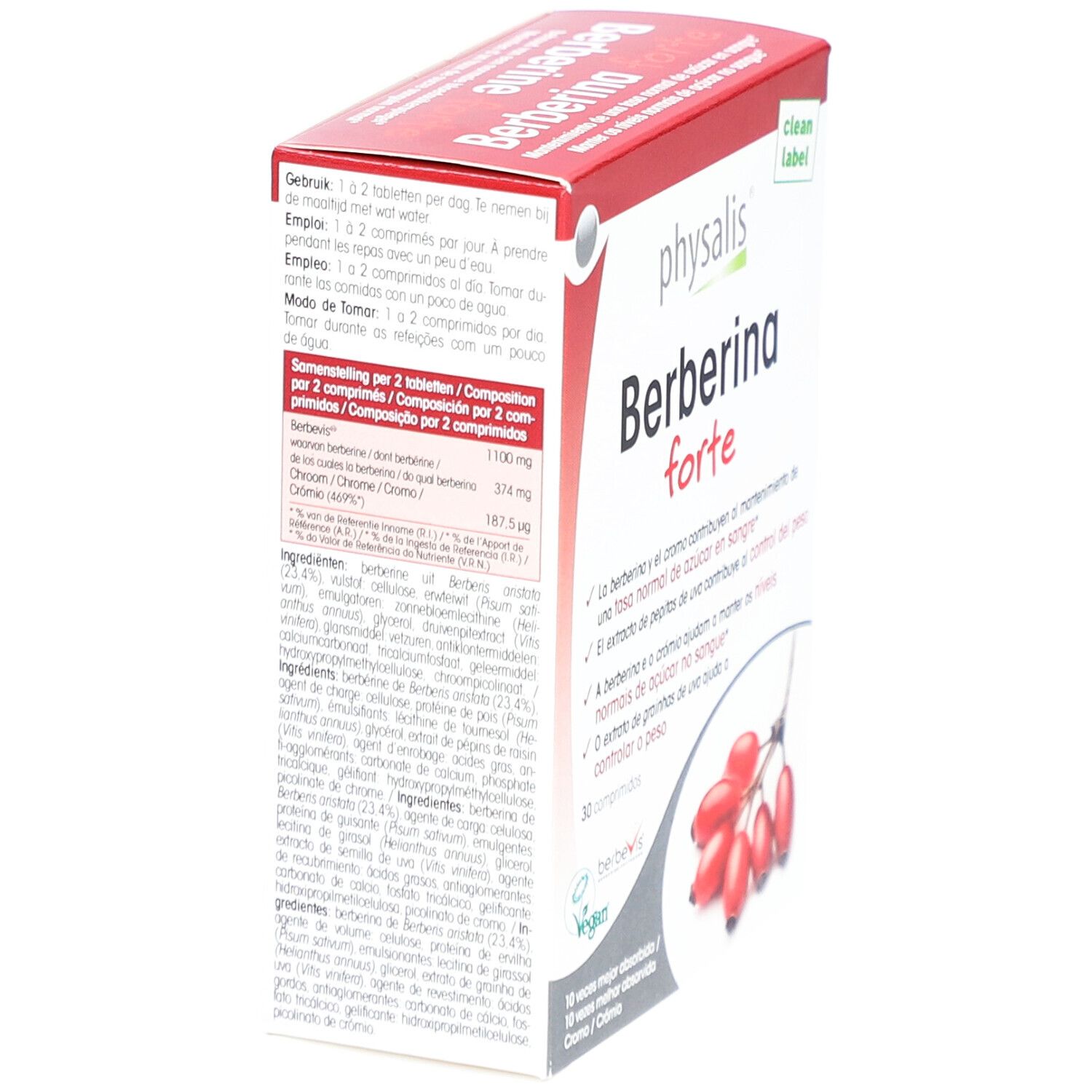 Verpackung von Physalis Berberine Forte. Rote und weiße Schachtel mit Produktnamen und Inhaltsangaben. Abbildung von Hagebutten.