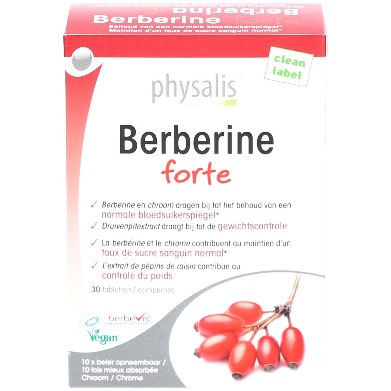 Verpackung von Physalis Berberine Forte. Rote und weiße Schachtel mit Produktnamen und Inhaltsangaben. Abbildung von Hagebutten.