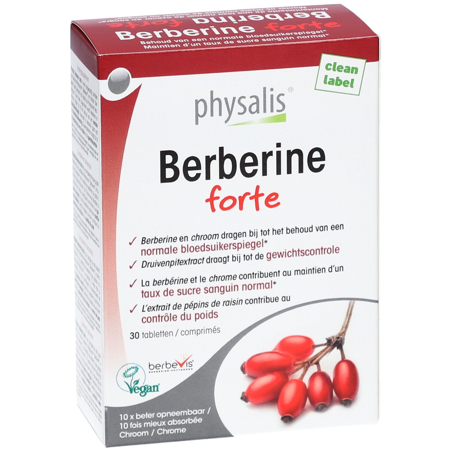 Verpackung von Physalis Berberine Forte. Rote und weiße Schachtel mit Produktnamen und Inhaltsangaben. Abbildung von Hagebutten.