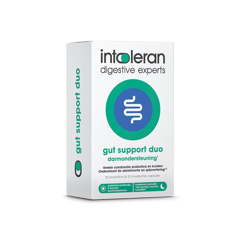 Witte doos met productnaam en logo. Tekst: gut support duo. Bevat 30 probiotica en 30 kruidencapsules.