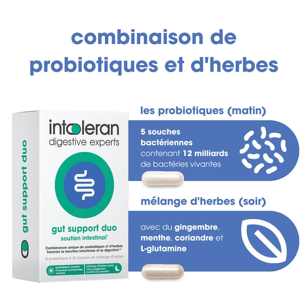 Emballage du produit avec texte : combinaison de probiotiques et d'herbes. Deux gélules et illustrations de bactéries et d'herbes.