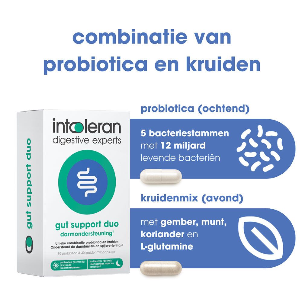 Productverpakking met tekst: combinatie van probiotica en kruiden. Twee capsules en illustraties van bacteriën en kruiden.