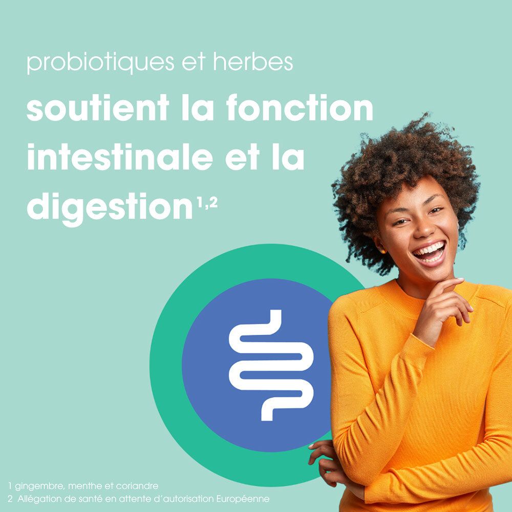 Femme souriante. Texte : soutient la fonction intestinale et la digestion. Logo : intestin.