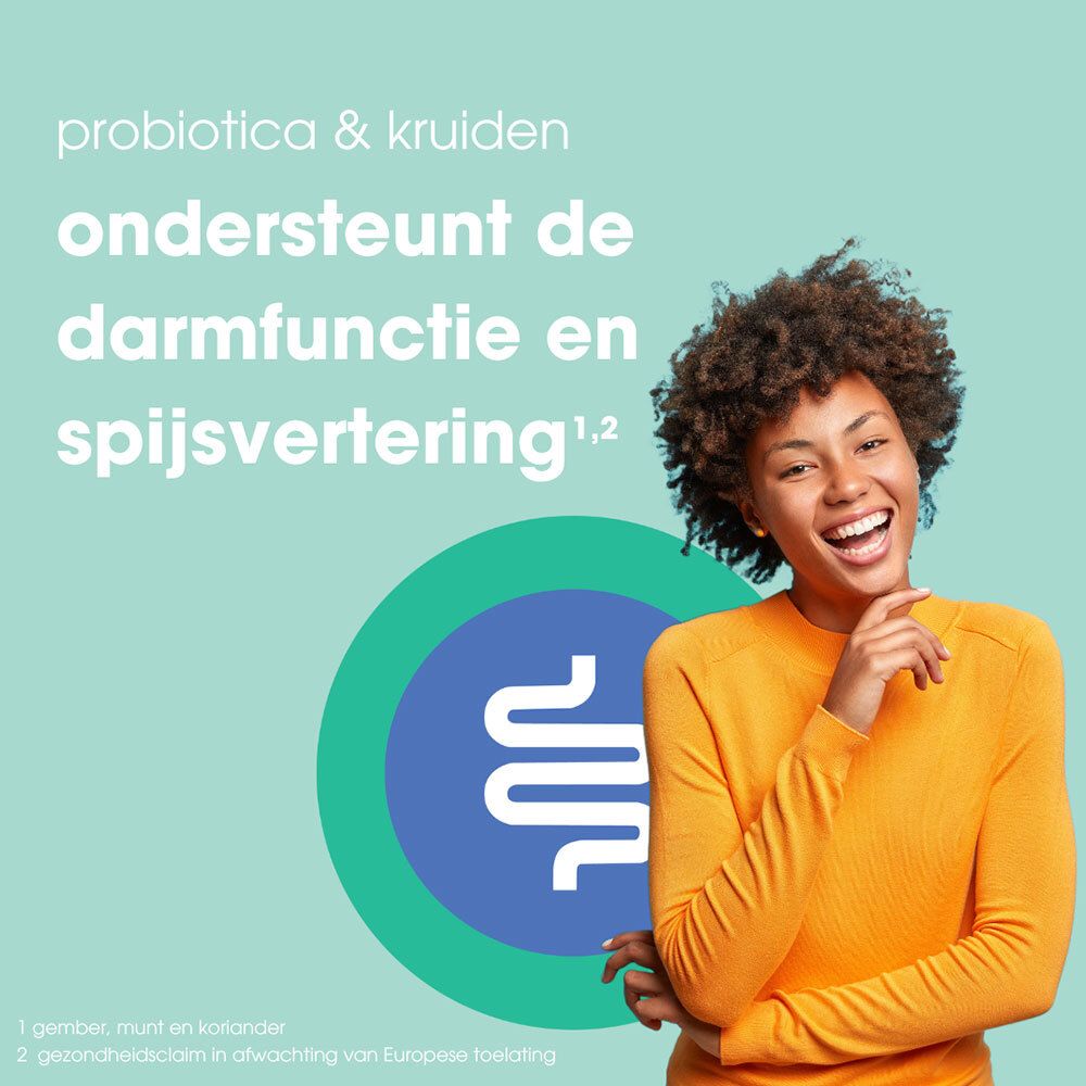 Lachende vrouw. Tekst: ondersteunt de darmfunctie en spijsvertering. Logo: darm.