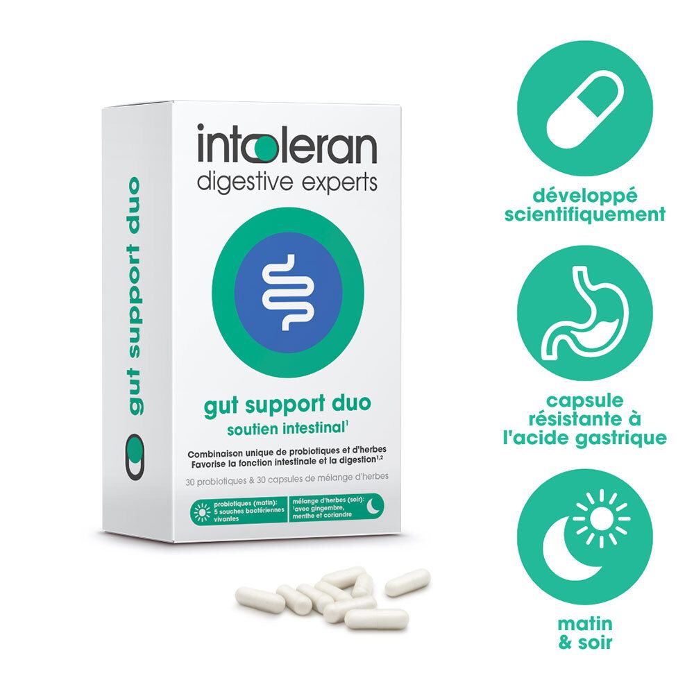 Emballage du produit avec gélules. Logos : développé scientifiquement, gélule résistante à l'acide gastrique, matin & soir.