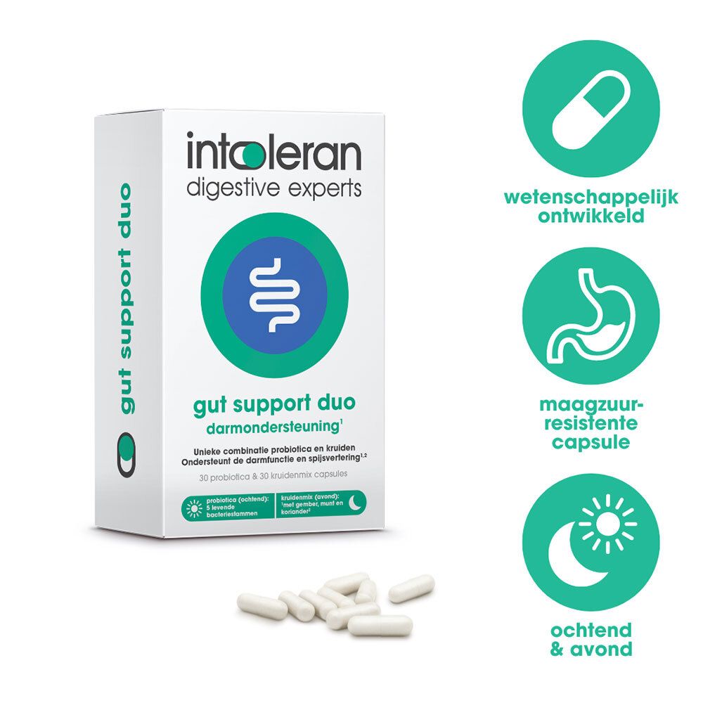 Productverpakking met capsules. Logo's: wetenschappelijk ontwikkeld, maagzuurresistente capsule, ochtend & avond.