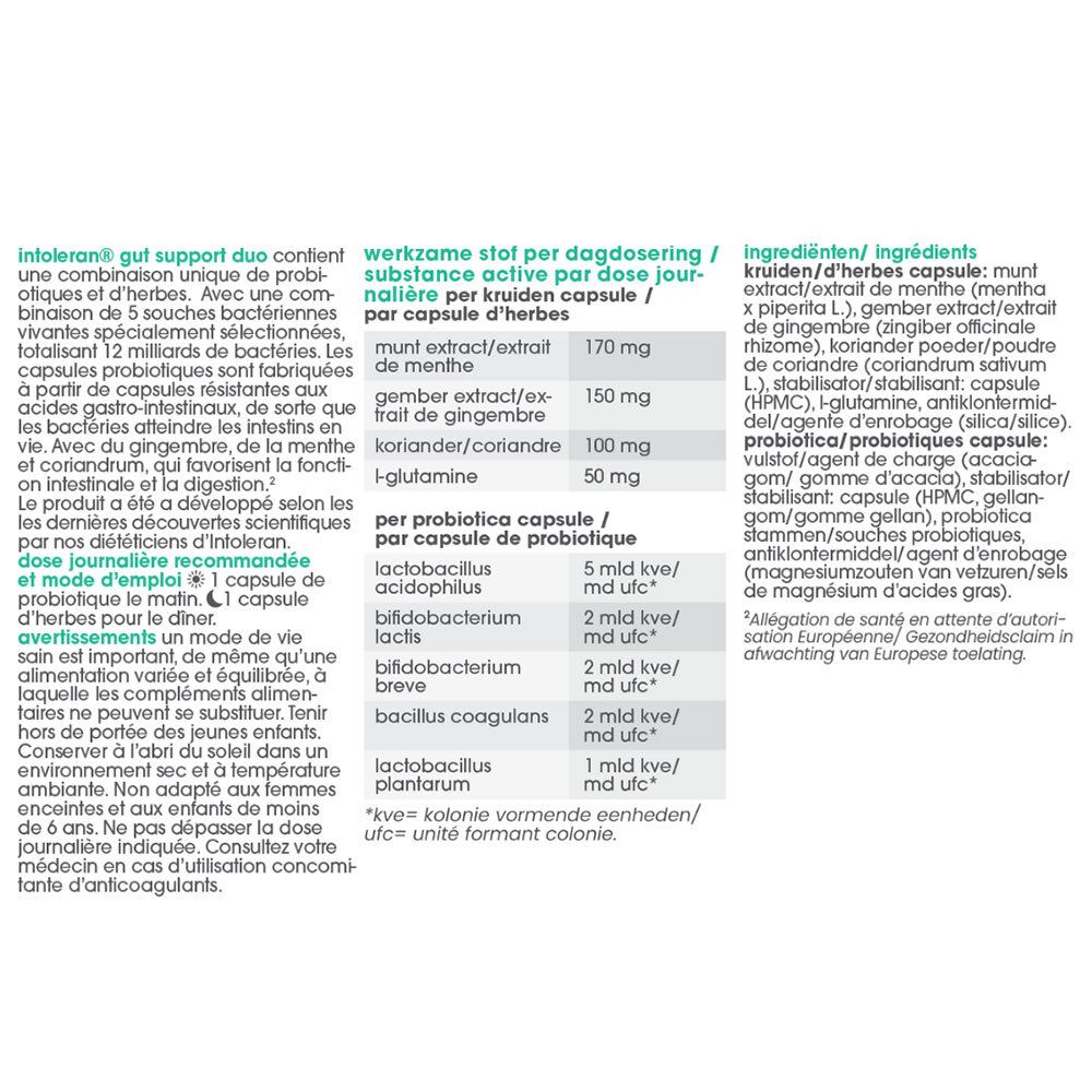 Texte sur fond blanc. Contient des informations sur les ingrédients et le dosage. Contient des informations sur les probiotiques.