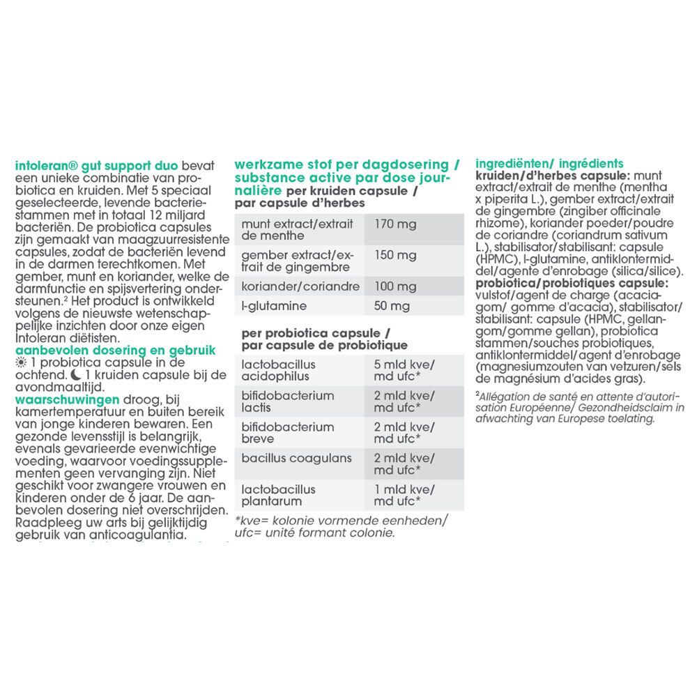Tekst op witte achtergrond. Bevat informatie over ingrediënten en dosering. Bevat informatie over probiotica.
