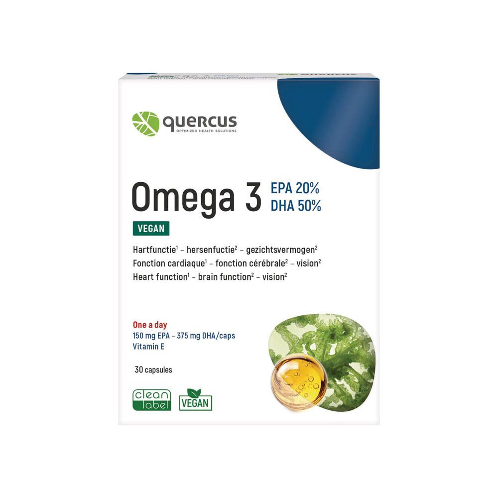 Boîte Quercus Omega 3 Vegan. Carton blanc avec nom du produit, informations EPA/DHA et image de capsule.