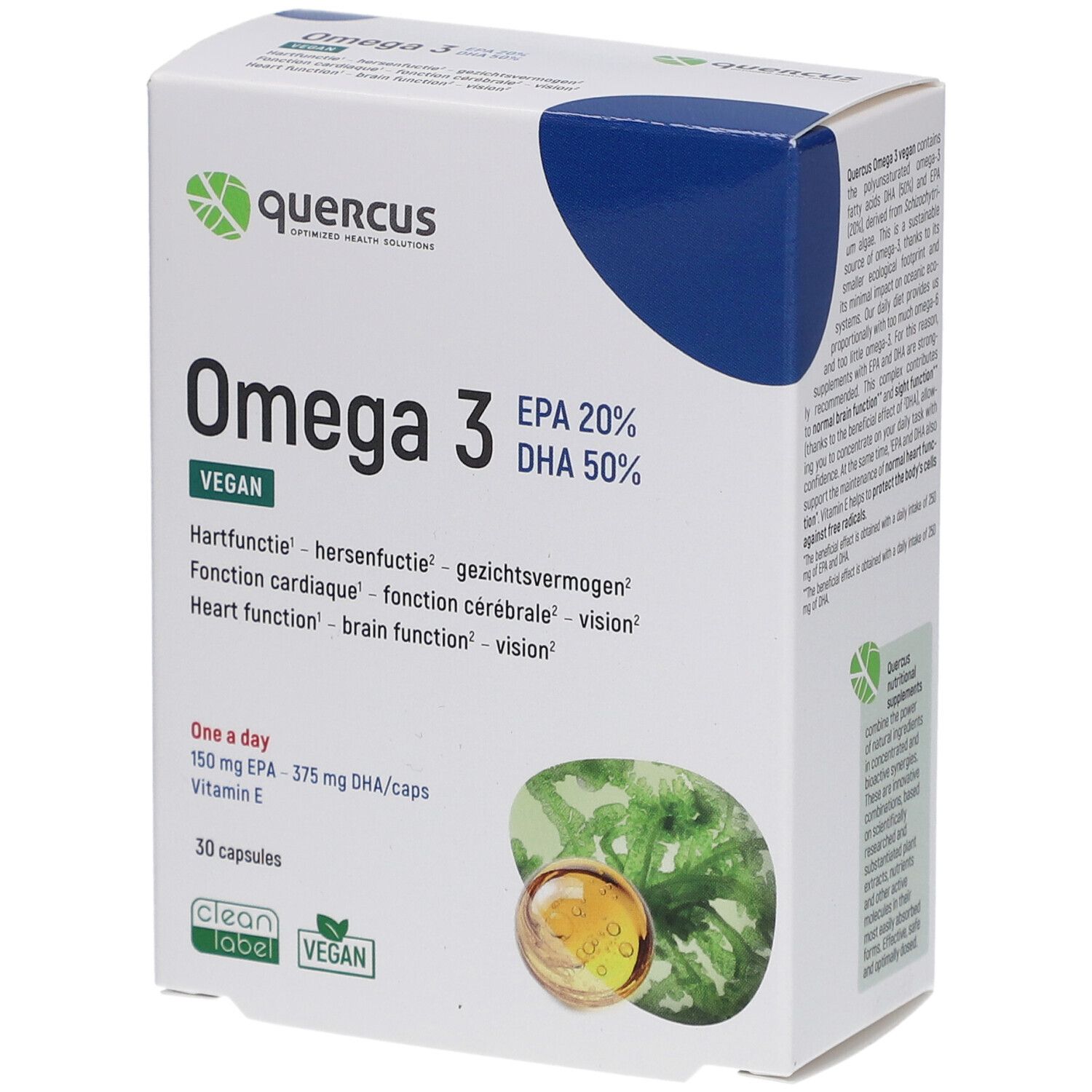Quercus Omega 3 Vegan-Verpackung. Weißer Karton mit Produktnamen, EPA/DHA-Angaben, und Kapsel-Abbildung.