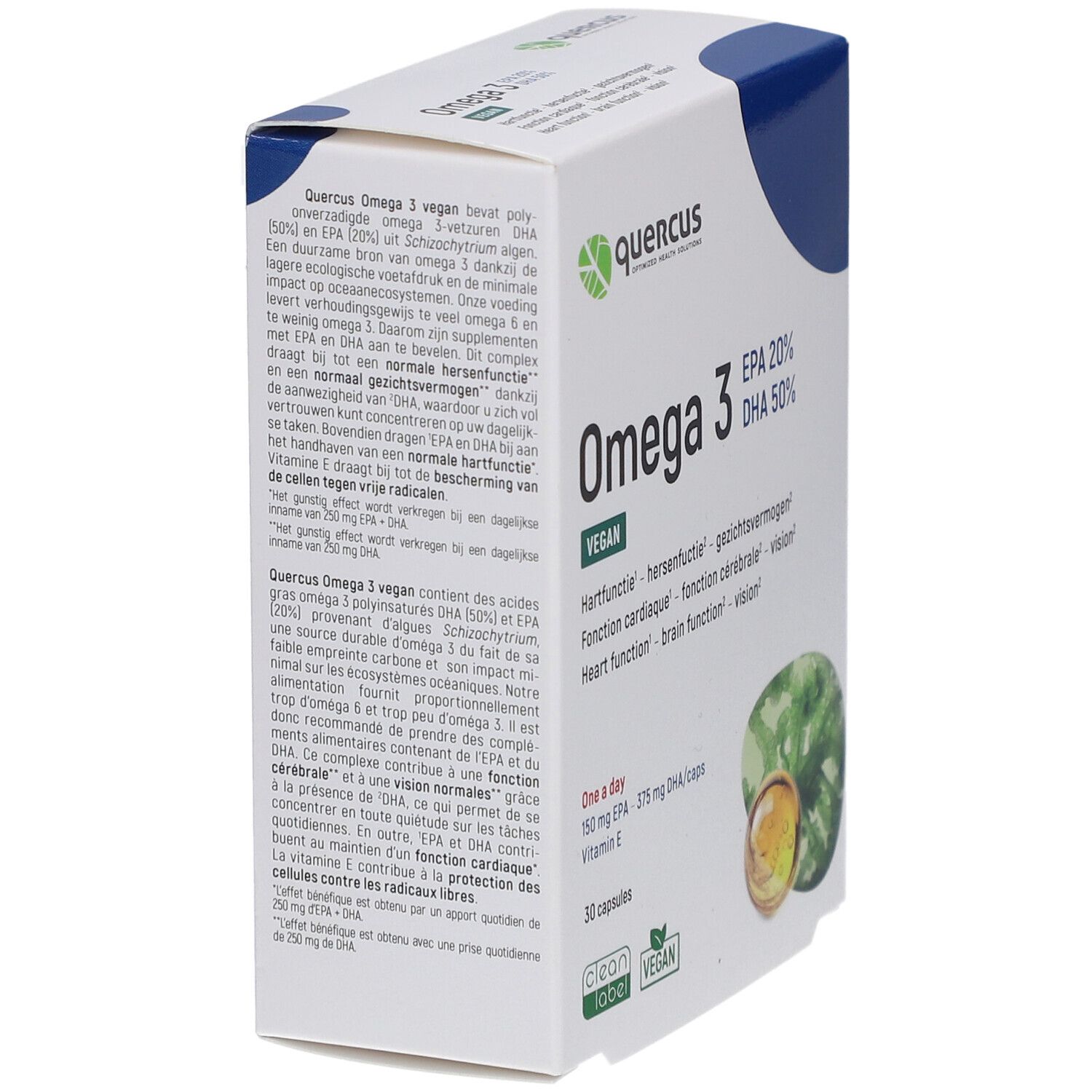 Quercus Omega 3 Vegan-Verpackung, schräg. Weißer Karton mit Produktnamen, EPA/DHA-Angaben, und Kapsel-Abbildung.