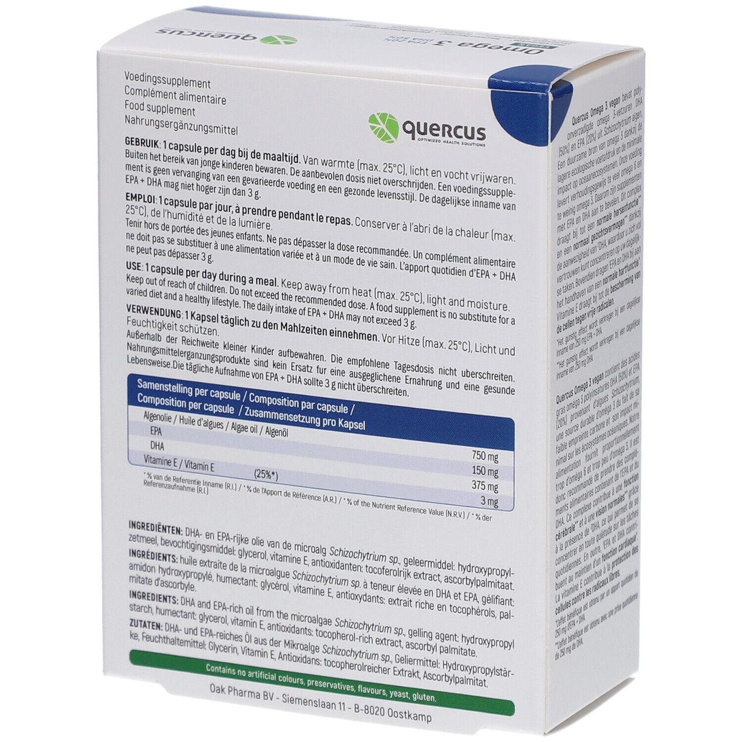 Rückseite der Quercus Omega 3 Vegan-Verpackung. Enthält Nährwertangaben, Inhaltsstoffe und Gebrauchsanweisung.