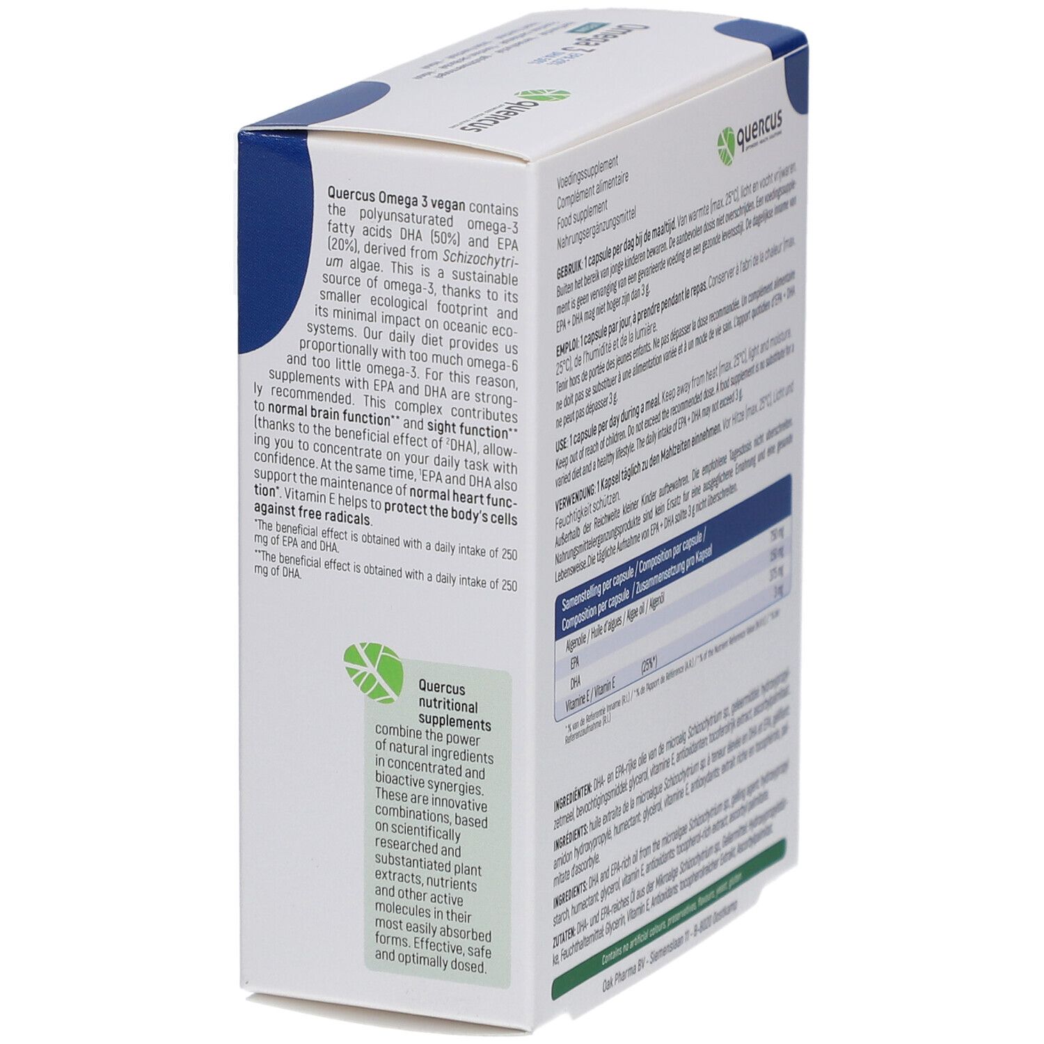 Quercus Omega 3 Vegan-Verpackung, schräg. Enthält Produktinformationen und Logo.