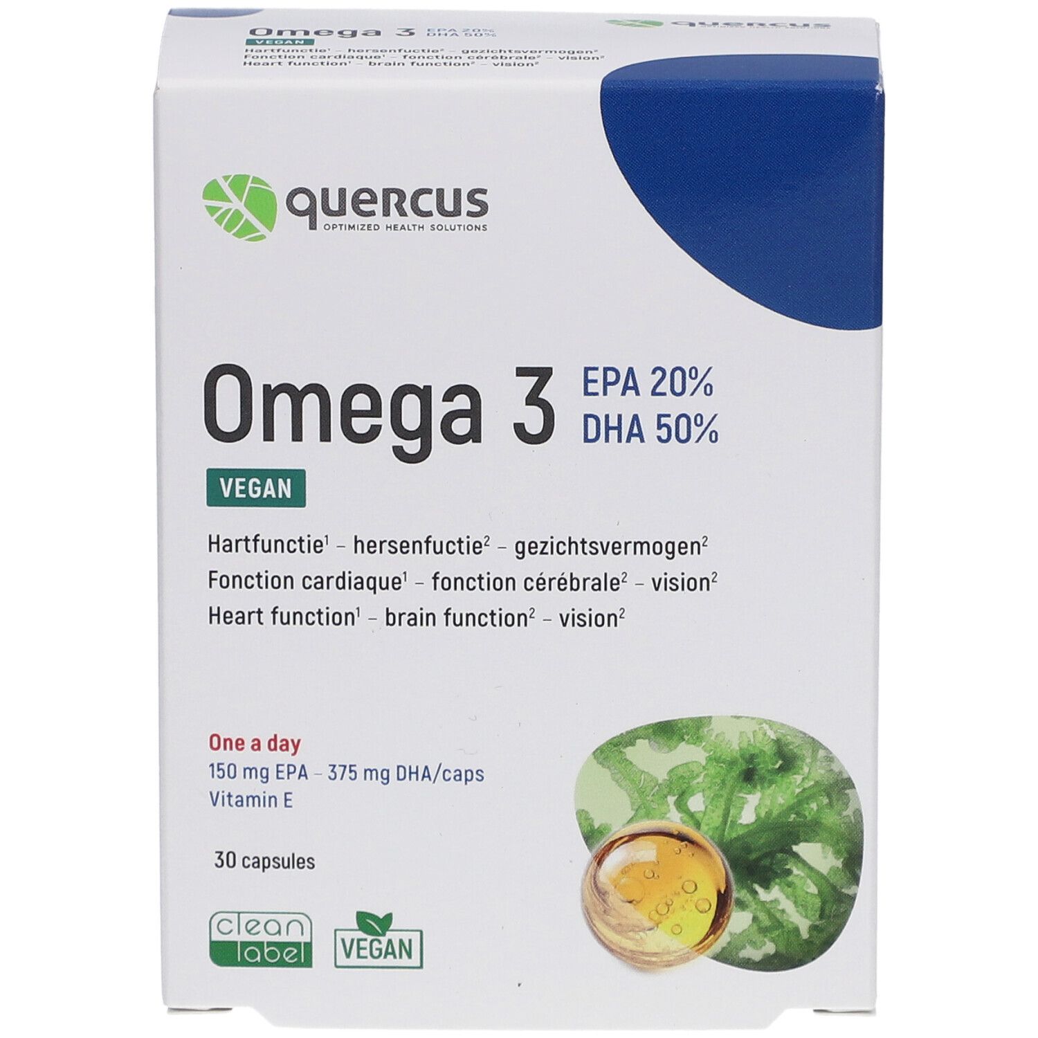 Quercus Omega 3 Vegan-Verpackung. Weißer Karton mit Produktnamen, EPA/DHA-Angaben, und Kapsel-Abbildung.