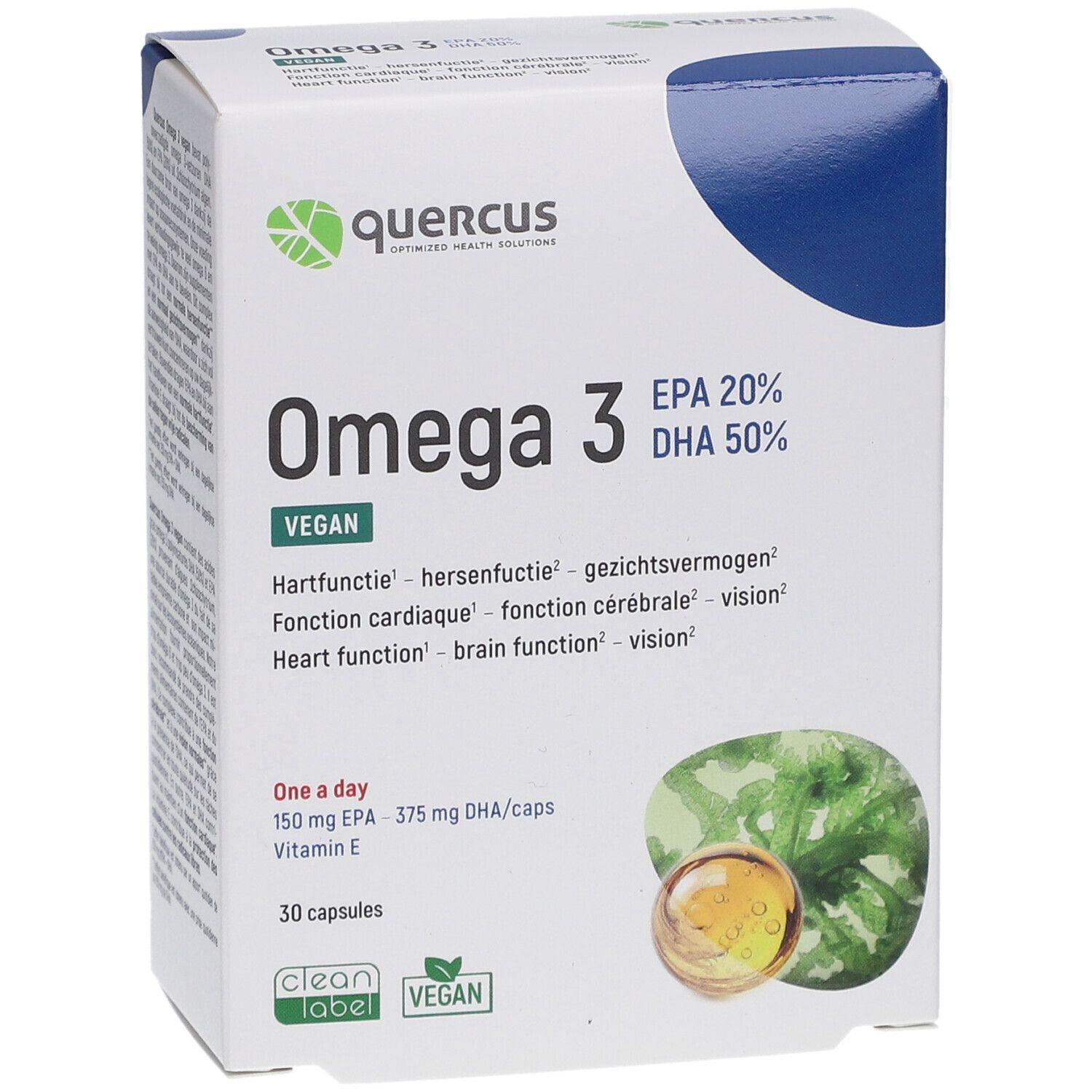 Quercus Omega 3 Vegan-Verpackung. Weißer Karton mit Produktnamen, EPA/DHA-Angaben, und Kapsel-Abbildung.