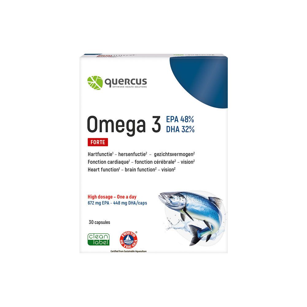 Quercus Omega 3 Forte-Packung. Enthält 30 Kapseln. EPA 48%, DHA 32%. Mit Fisch-Illustration und Clean Label-Siegel.