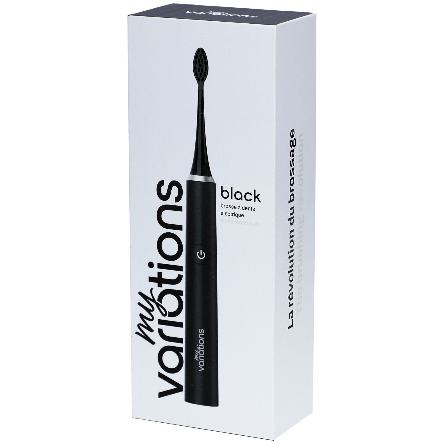 Brosse à dents électrique Onyx Black dans un emballage blanc. Brosse noire avec tête noire. Marque : myvariations.