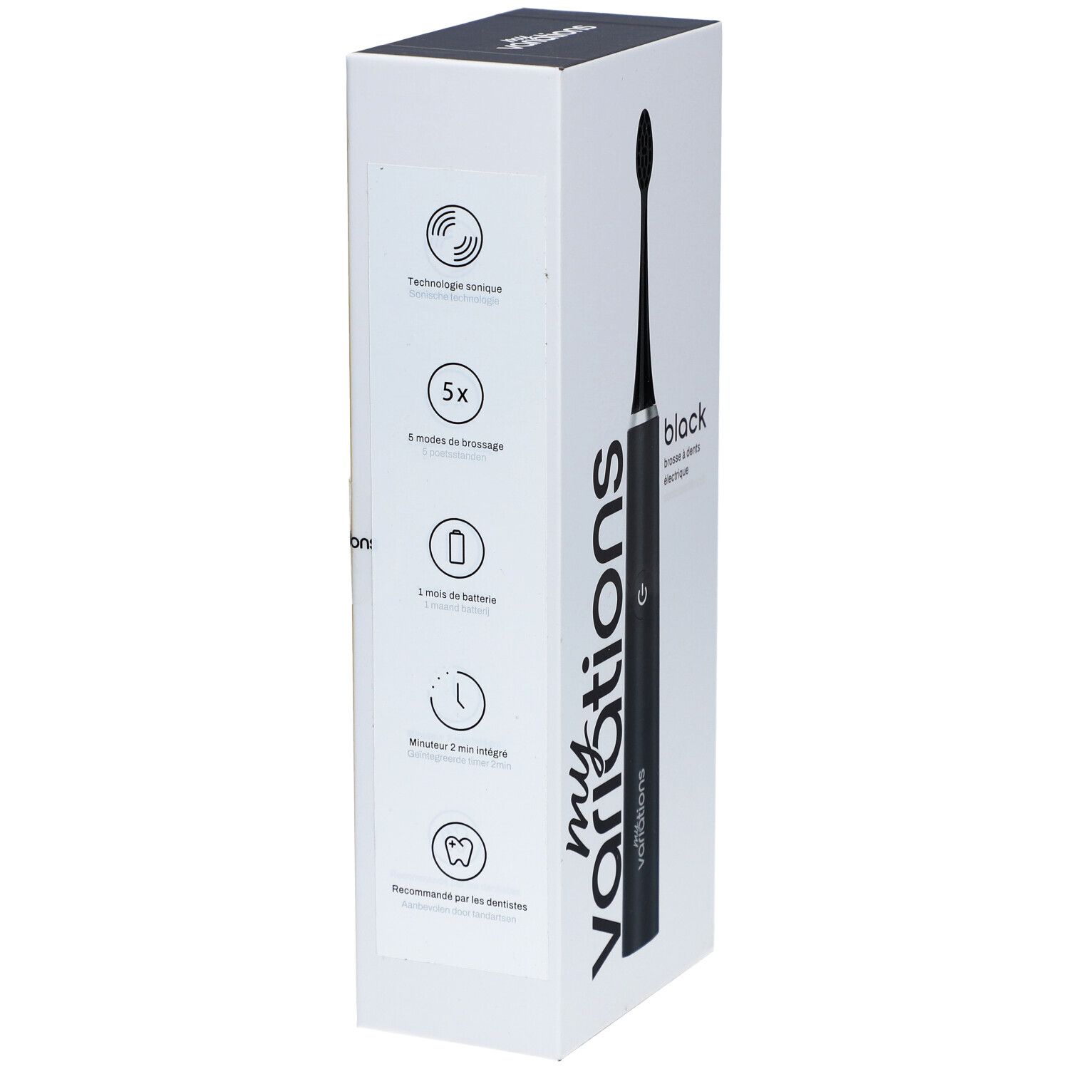 Emballage de la brosse à dents électrique Onyx Black. Symboles de fonctions sur le côté, comme 5 modes et minuterie 2 min.