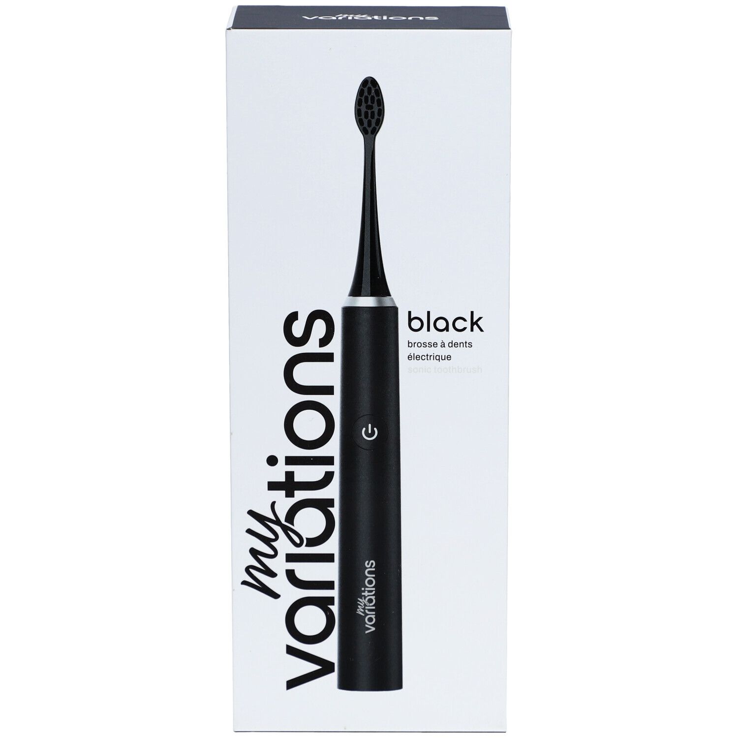 Brosse à dents électrique Onyx Black dans un emballage blanc. Brosse noire avec tête noire. Marque : myvariations.