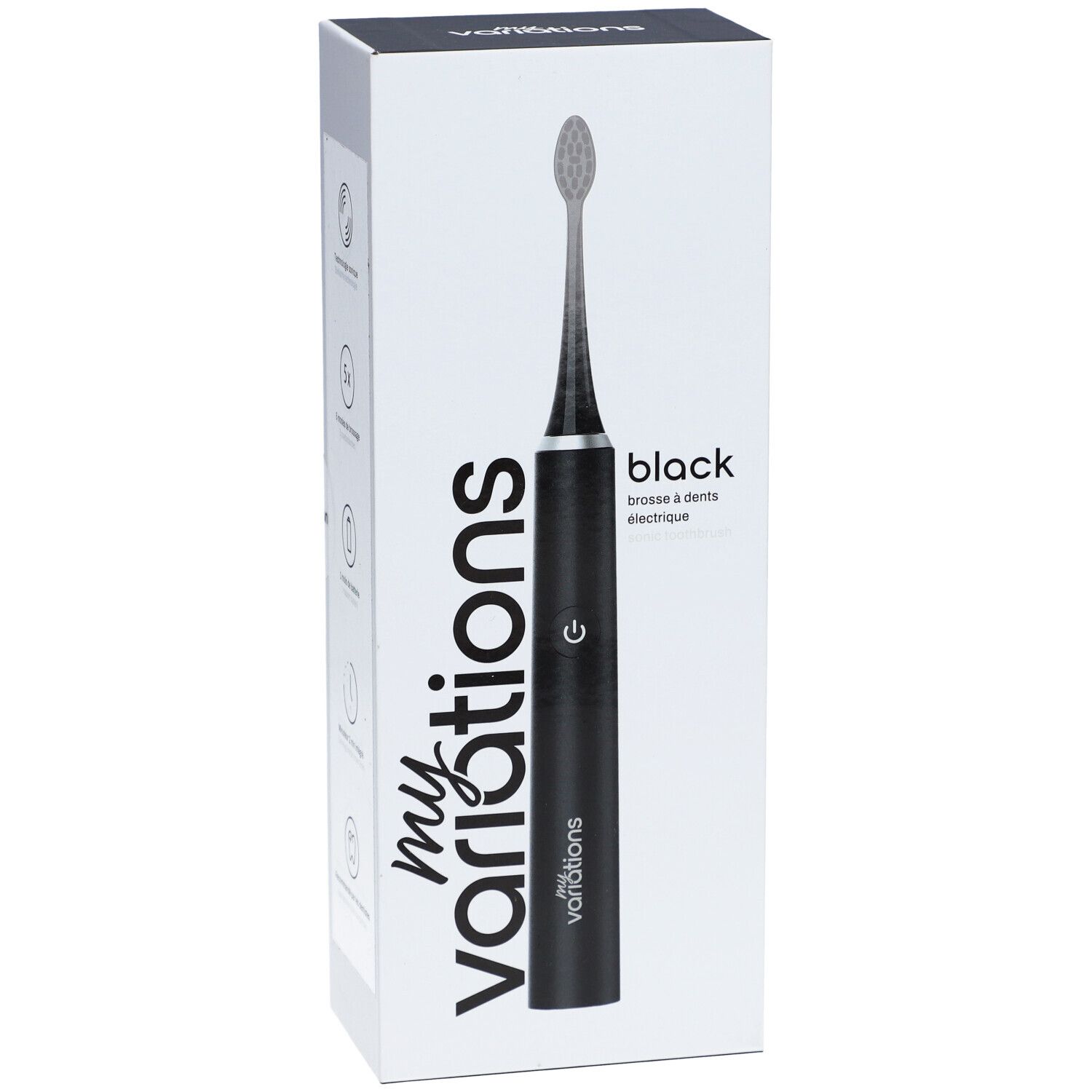 Brosse à dents électrique Onyx Black dans un emballage blanc. Brosse noire avec tête grise. Marque : myvariations.