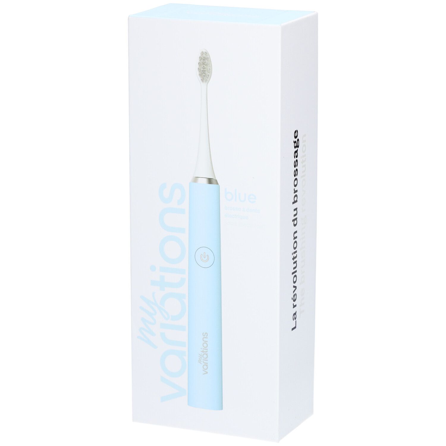 Brosse à dents électrique bleue dans un emballage blanc. Marque: Myvariations. Inscription: "blue".