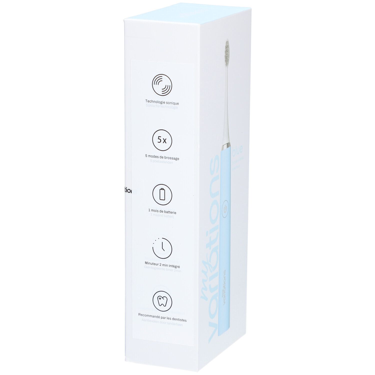 Emballage blanc avec brosse à dents électrique bleue. Inscriptions: "Myvariations", icônes, "5x", "1 mois d'autonomie".