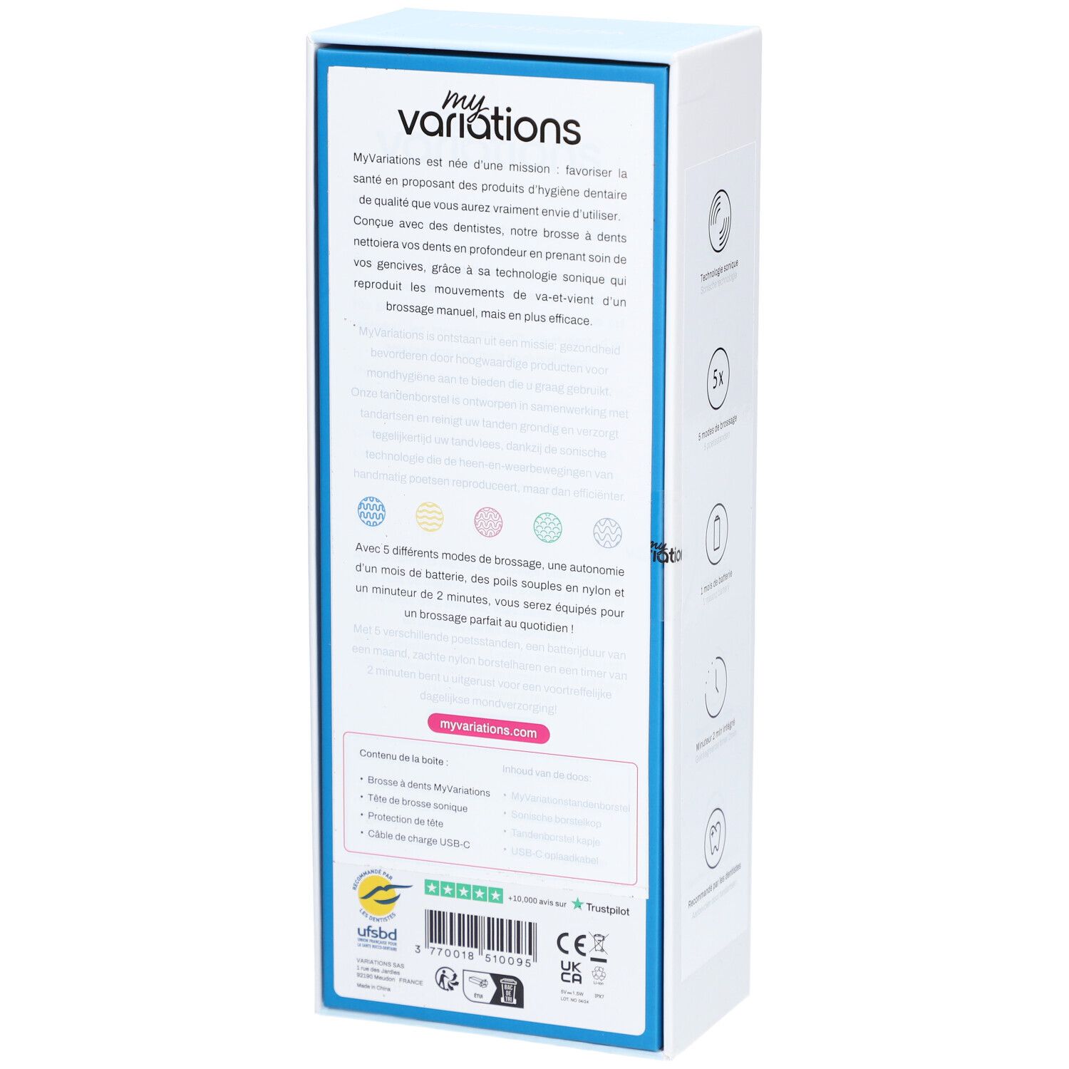 Emballage avec texte et icônes. Texte: "Myvariations", "3 modes de brossage", "1 mois d'autonomie".