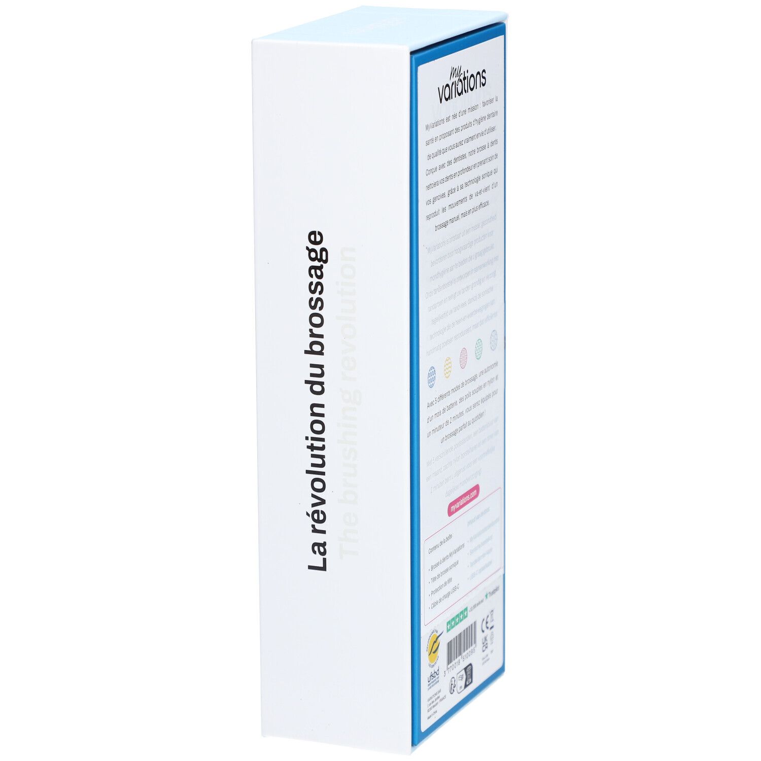 Emballage blanc avec bordure bleue. Texte: "La révolution du brossage". Marque: Myvariations.