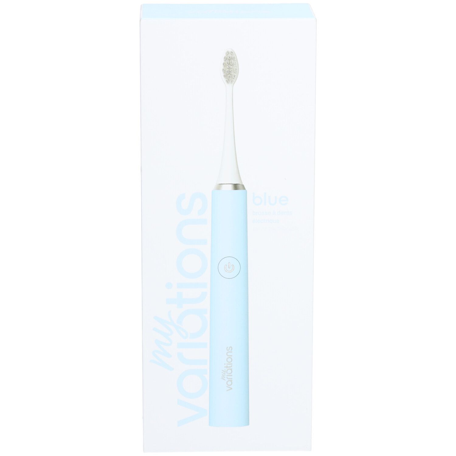 Brosse à dents électrique bleue dans un emballage blanc. Marque: Myvariations. Inscription: "blue".