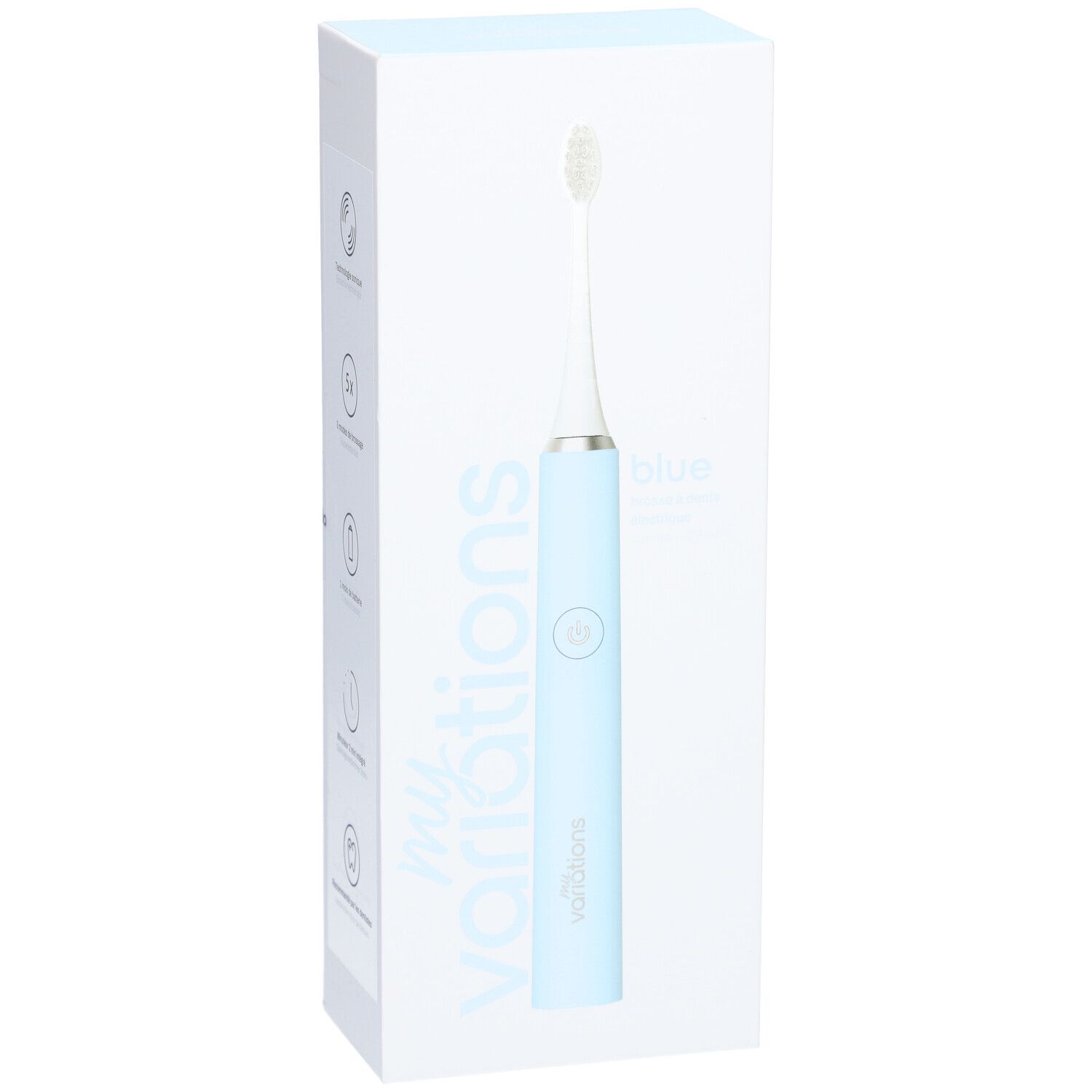 Brosse à dents électrique bleue dans un emballage blanc. Marque: Myvariations. Inscription: "blue".