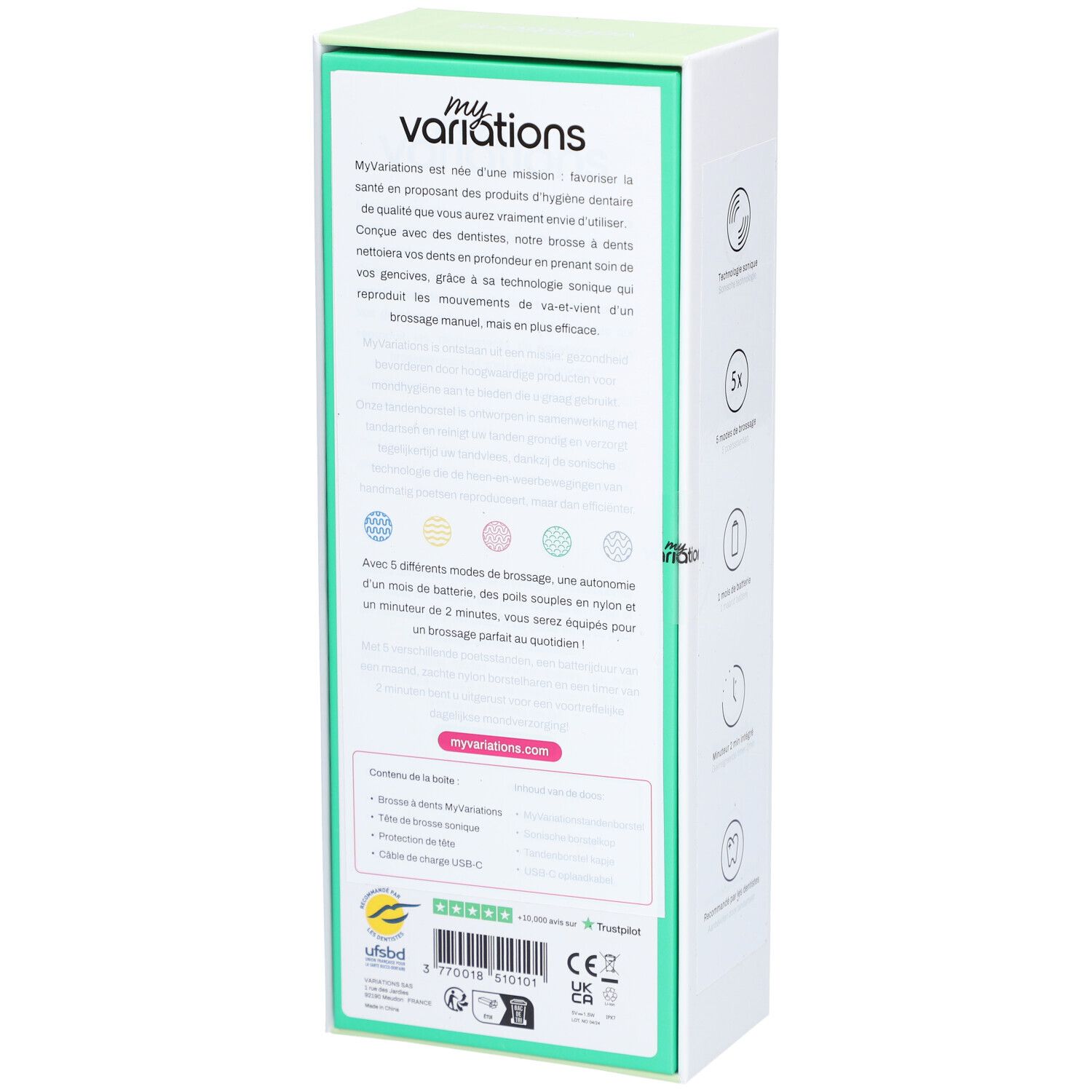 Rückseite der Verpackung der elektrischen Zahnbürste. Text beschreibt das Produkt und seine Eigenschaften. Logo und Zertifizierungen.