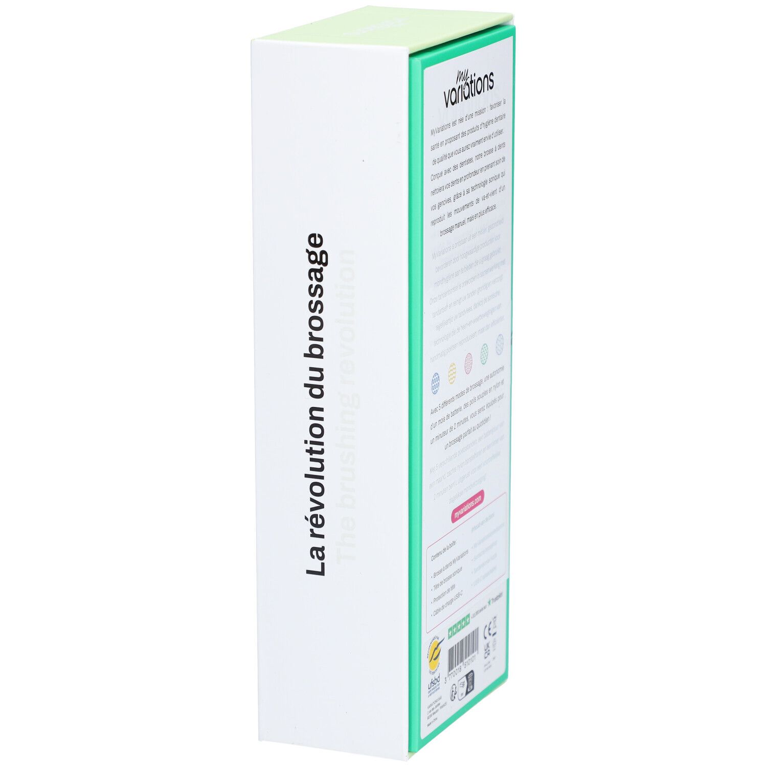 Verpackung der elektrischen Zahnbürste. Auf der Seite ist Text abgebildet: La révolution du brossage. Marke: my variations.