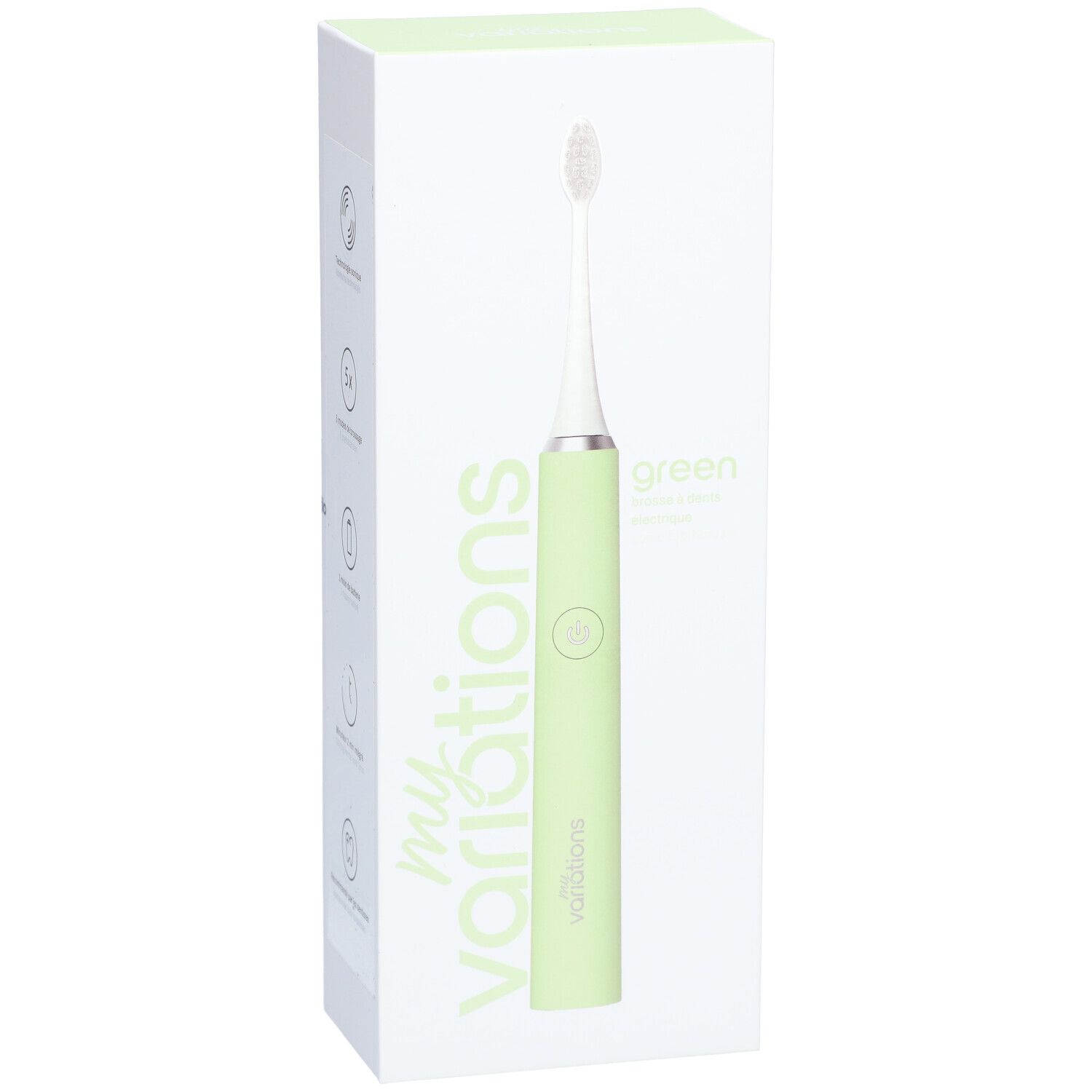 Elektrische Zahnbürste in grüner Verpackung. Marke: my variations. Aufschrift: green. Produkt in der Verpackung abgebildet.