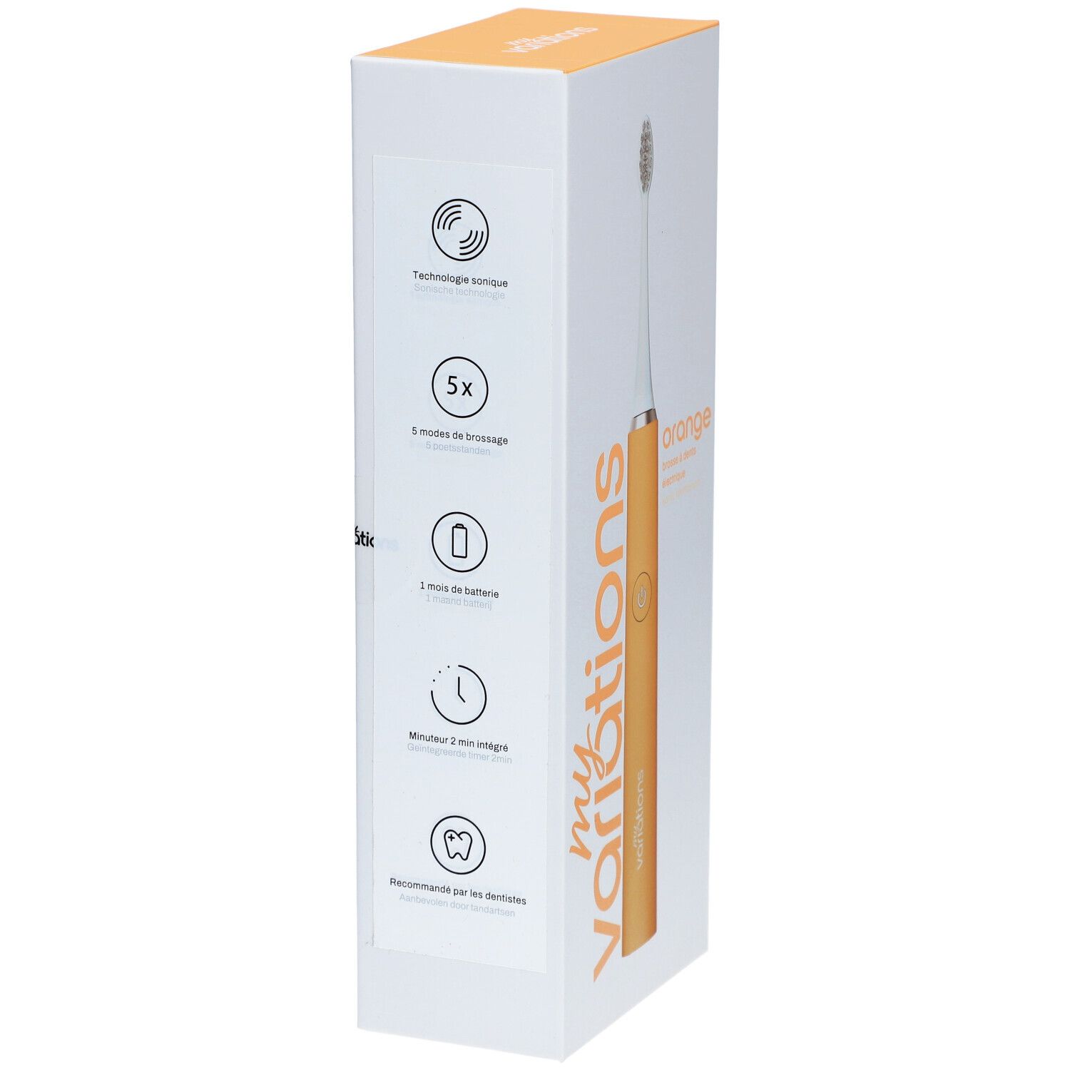 Verpackung der elektrischen Zahnbürste Orange. Symbole für Technologie, Modi, Akku, Timer und Empfehlung. Marke: myvariations. Orangefarbenes Design.