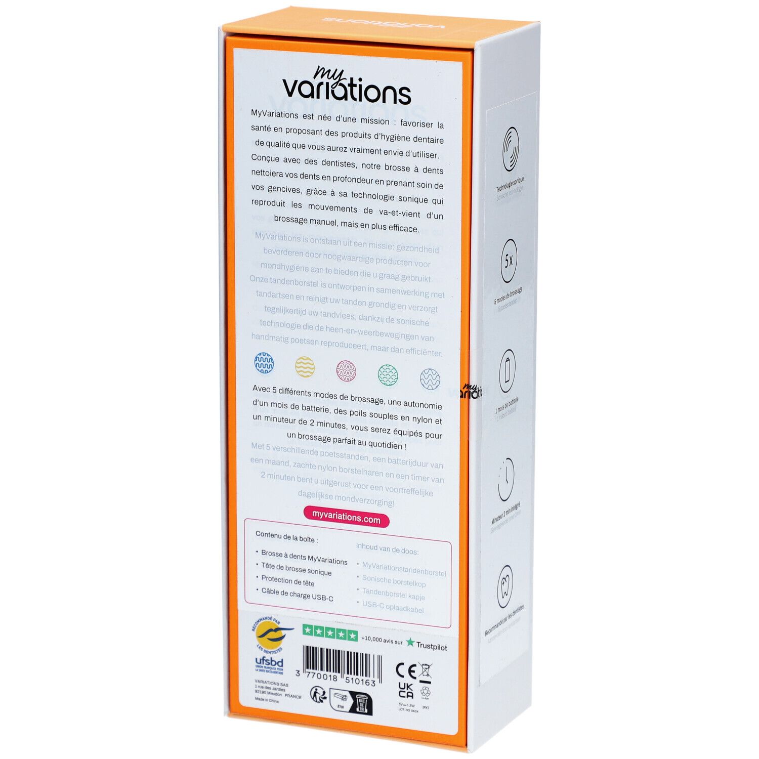 Rückseite der Verpackung der elektrischen Zahnbürste. Text in Französisch. Enthält Informationen über die Marke myvariations und Zertifizierungen.