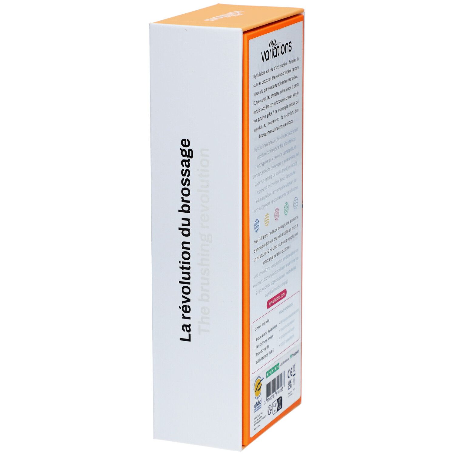 Verpackung der elektrischen Zahnbürste Orange. Aufschrift: La révolution du brossage. Orangefarbener Hintergrund mit weißem Text.
