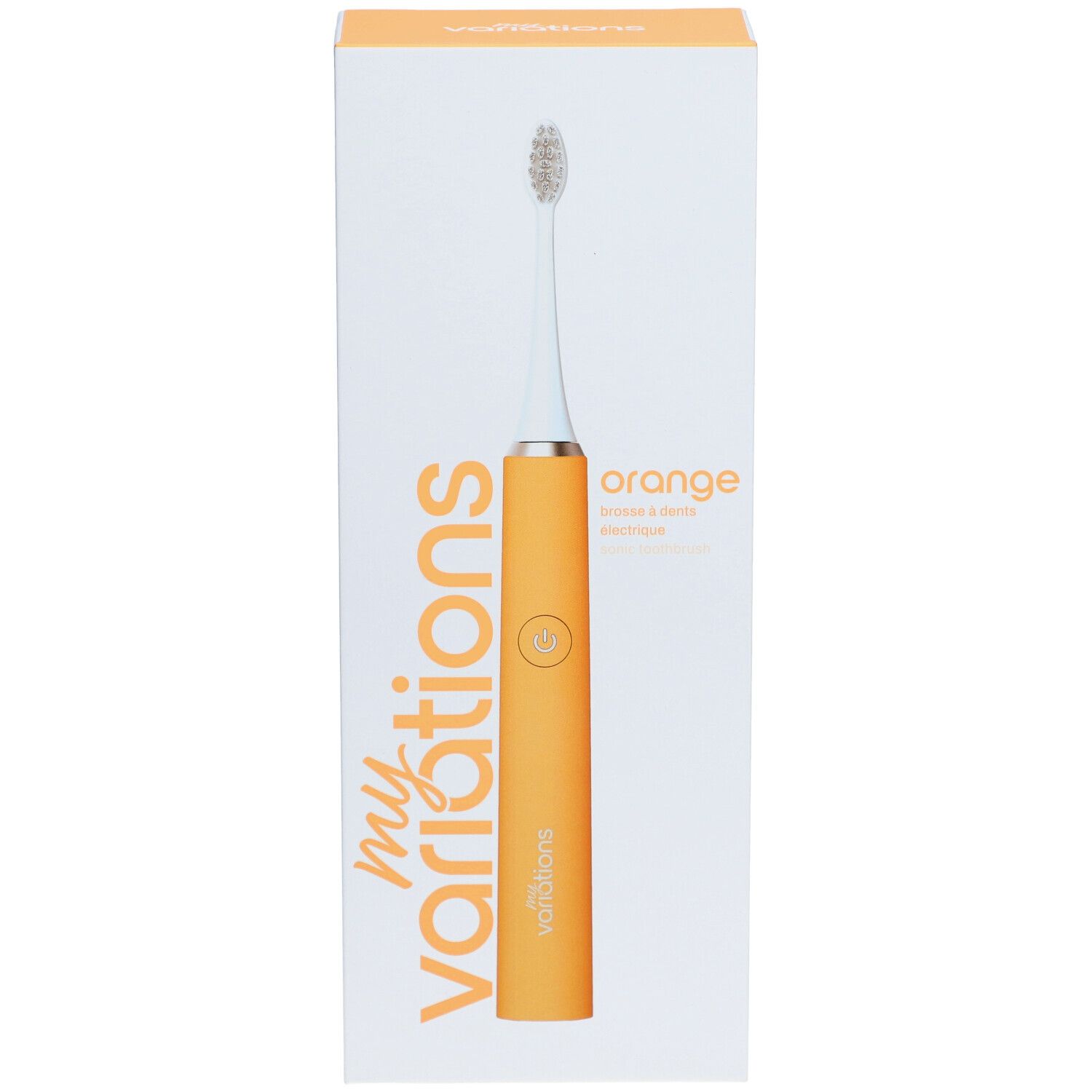 Elektrische Zahnbürste Orange in Verpackung. Marke: myvariations. Orangefarbener Griff, weißer Bürstenkopf. Aufschrift: Orange.