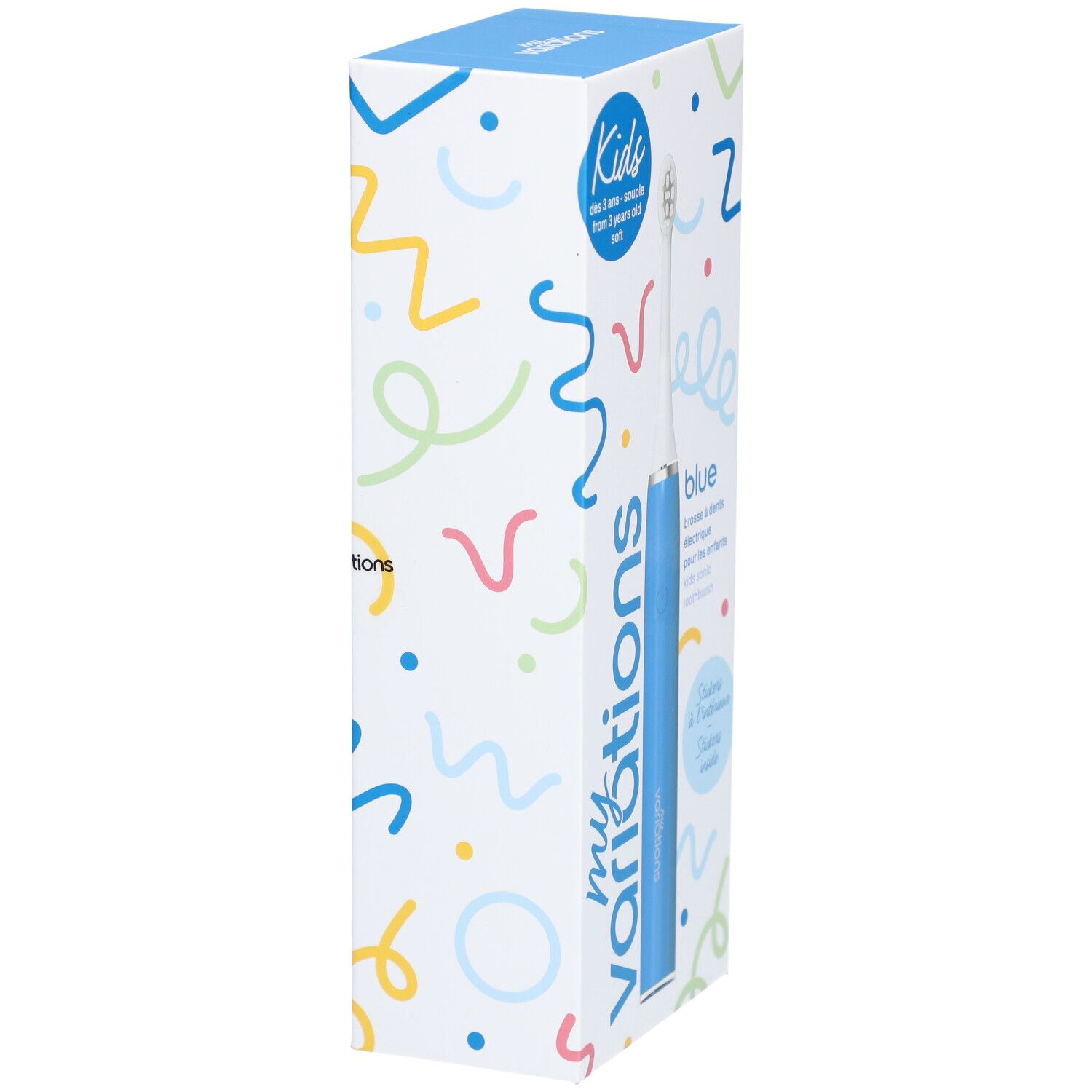 Verpackung der elektrischen Zahnbürste für Kinder. Marke: myvariations. Design mit bunten Formen. Aufdruck: Kids, ab 3 Jahren.